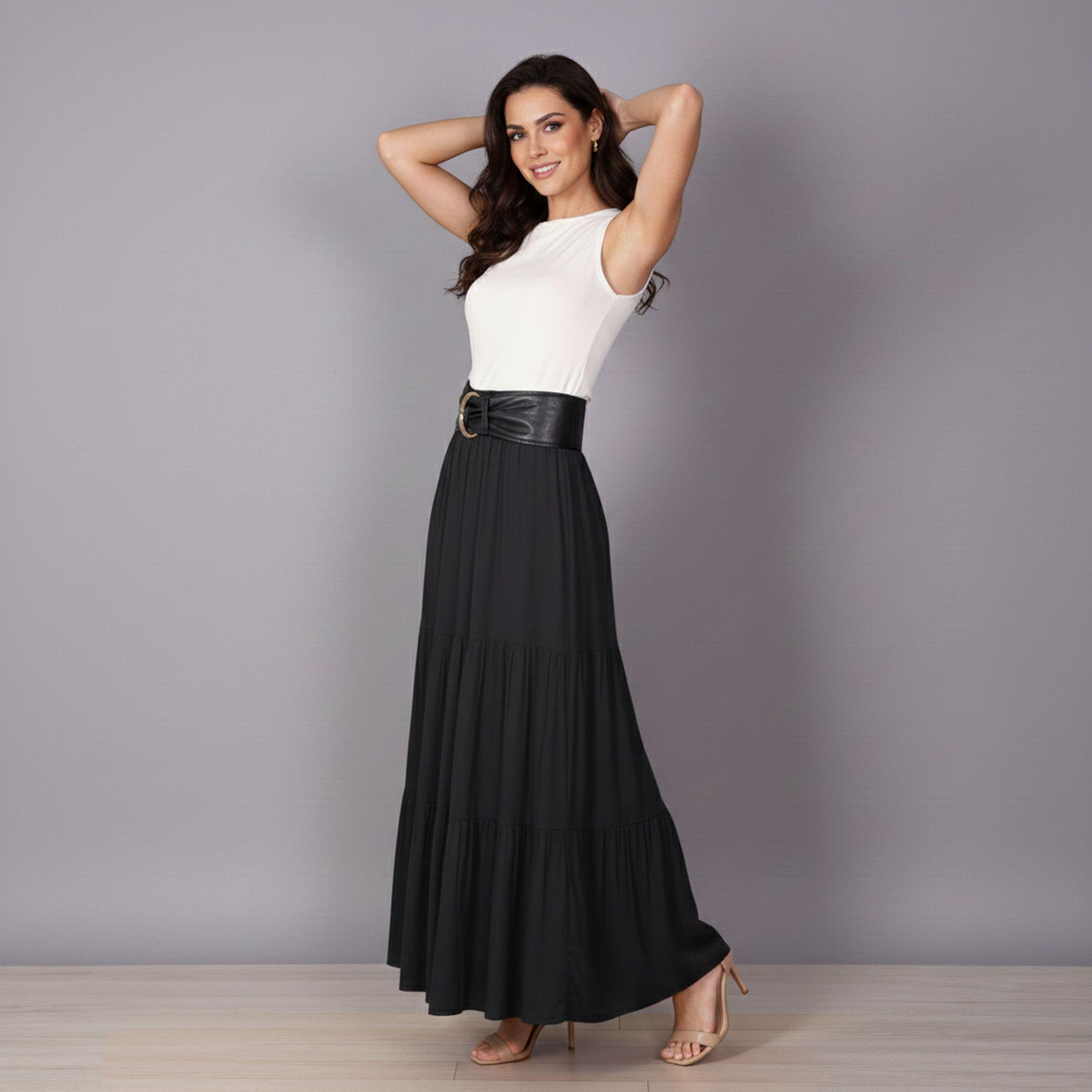 Falda Larga Elegant Mujer Con Cinturon Tiro Alto-1
