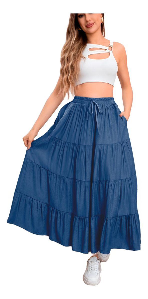 Maxi Falda De Mezclilla Plisada Calidad 100% Premium-2
