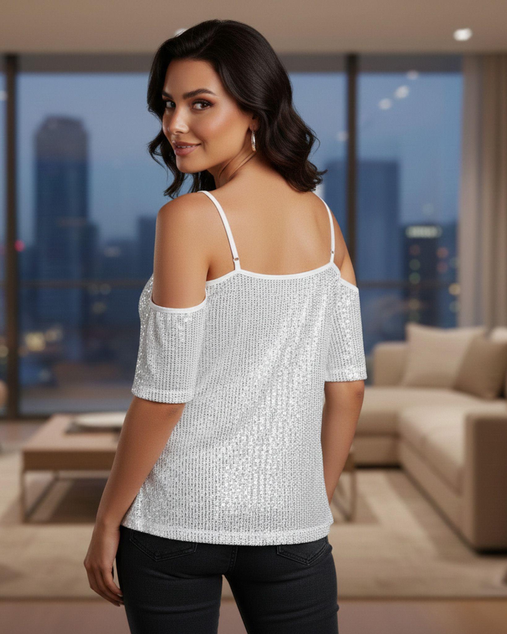 Blusa de Mangas Caidas Mujer con Lentejuelas Brillosas-1