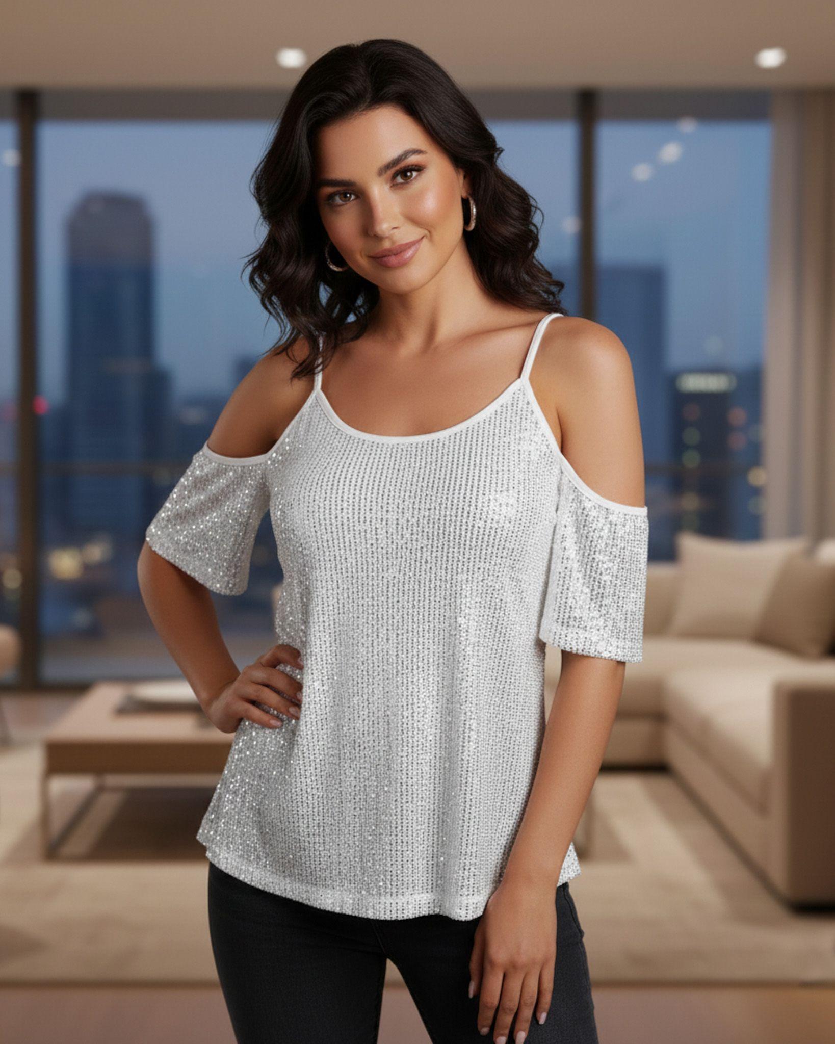 Blusa de Mangas Caidas Mujer con Lentejuelas Brillosas-2