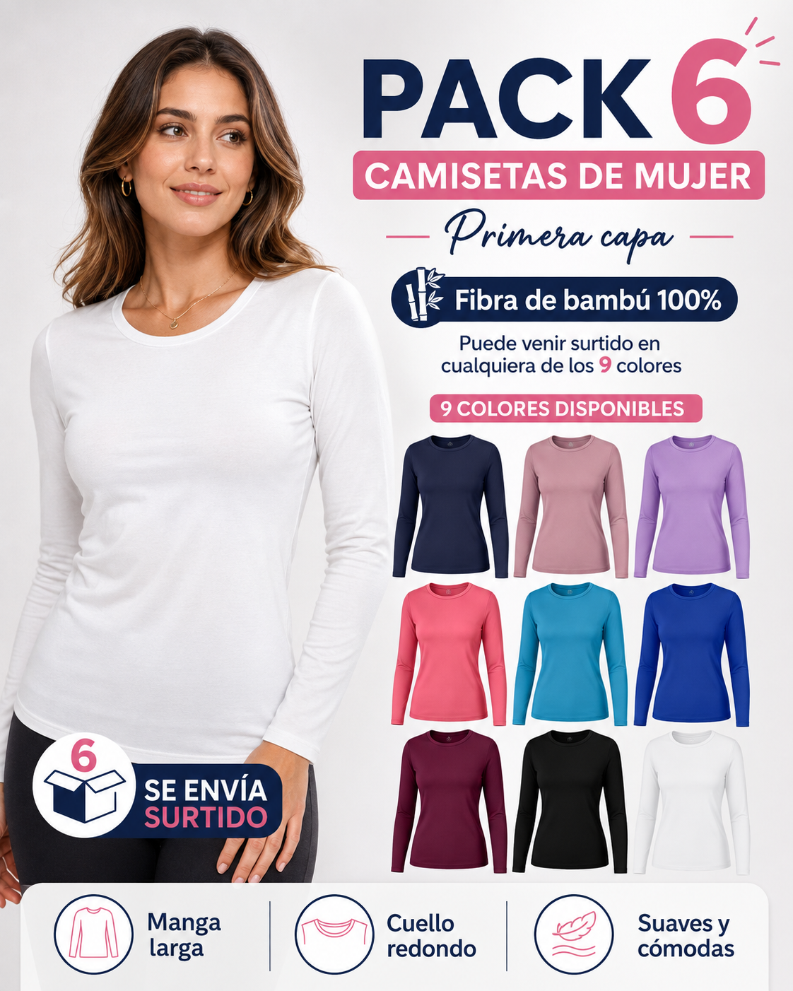Pack 6 Camiseta De Mujer Primera Capa - Fibra De Bambú 100%-1