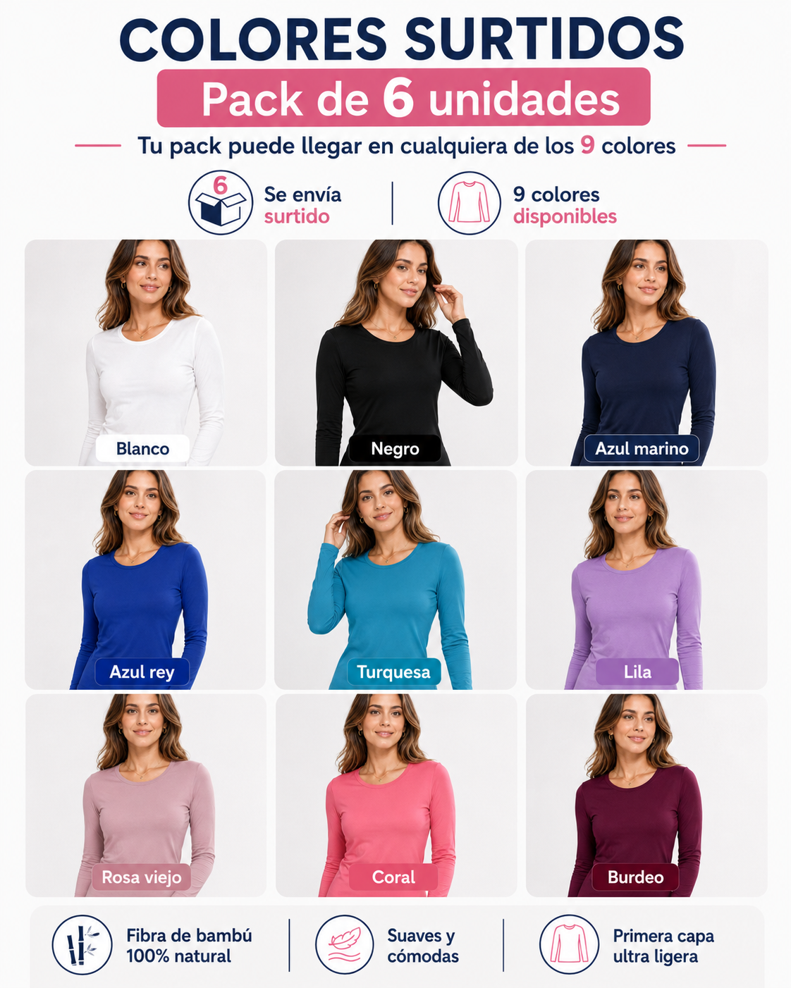 Pack 6 Camiseta De Mujer Primera Capa - Fibra De Bambú 100%-2