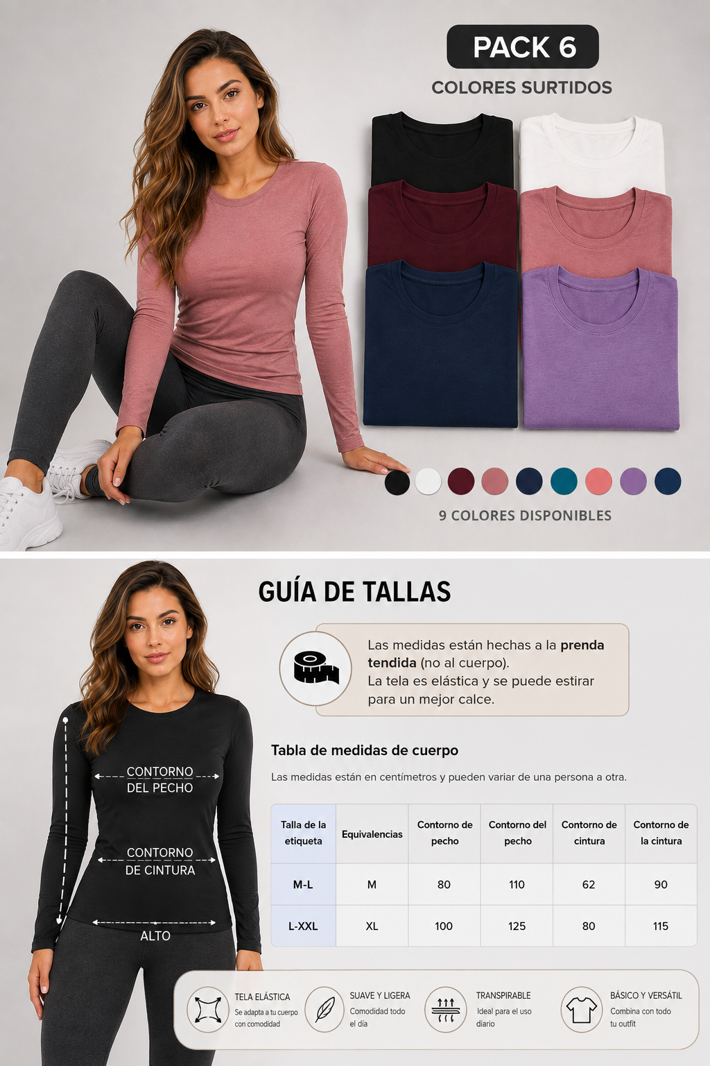 Pack 6 Camiseta De Mujer Primera Capa - Fibra De Bambú 100%-3