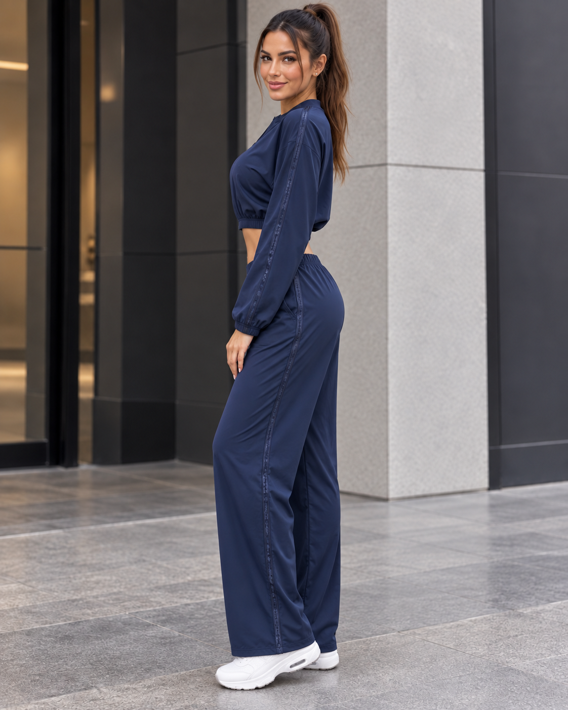 Conjunto Deportivo Mujer Palazzo con Bolsillos Chaqueta Crop-1