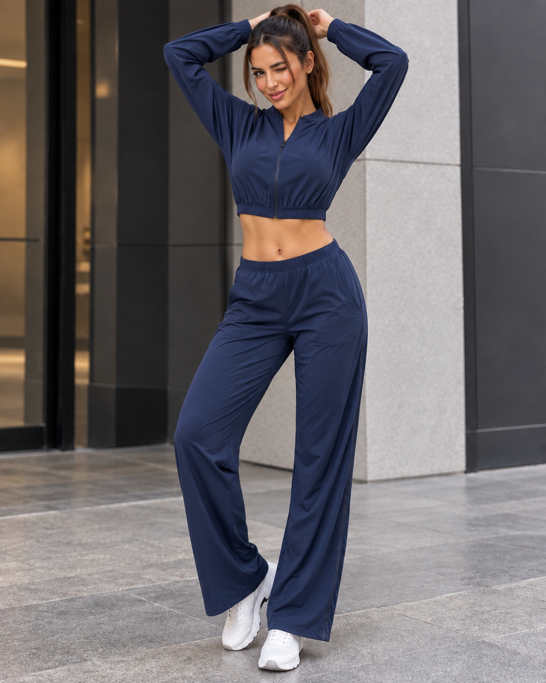 Conjunto Deportivo Mujer Palazzo con Bolsillos Chaqueta Crop-3