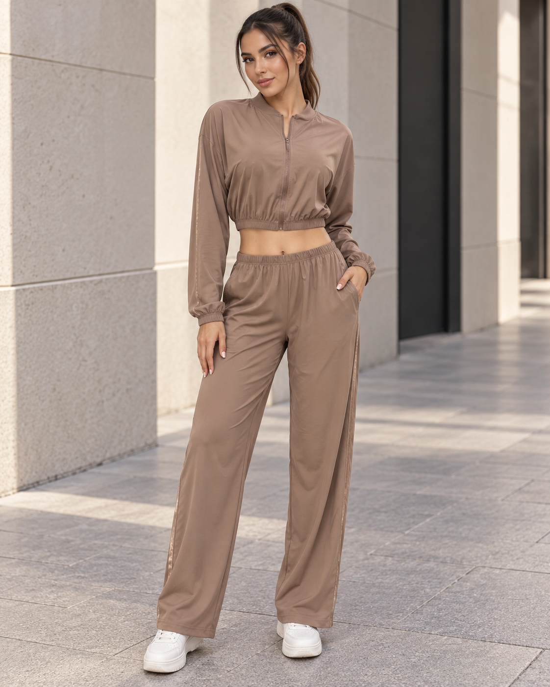 Conjunto Deportivo Mujer Palazzo con Bolsillos Chaqueta Crop-0