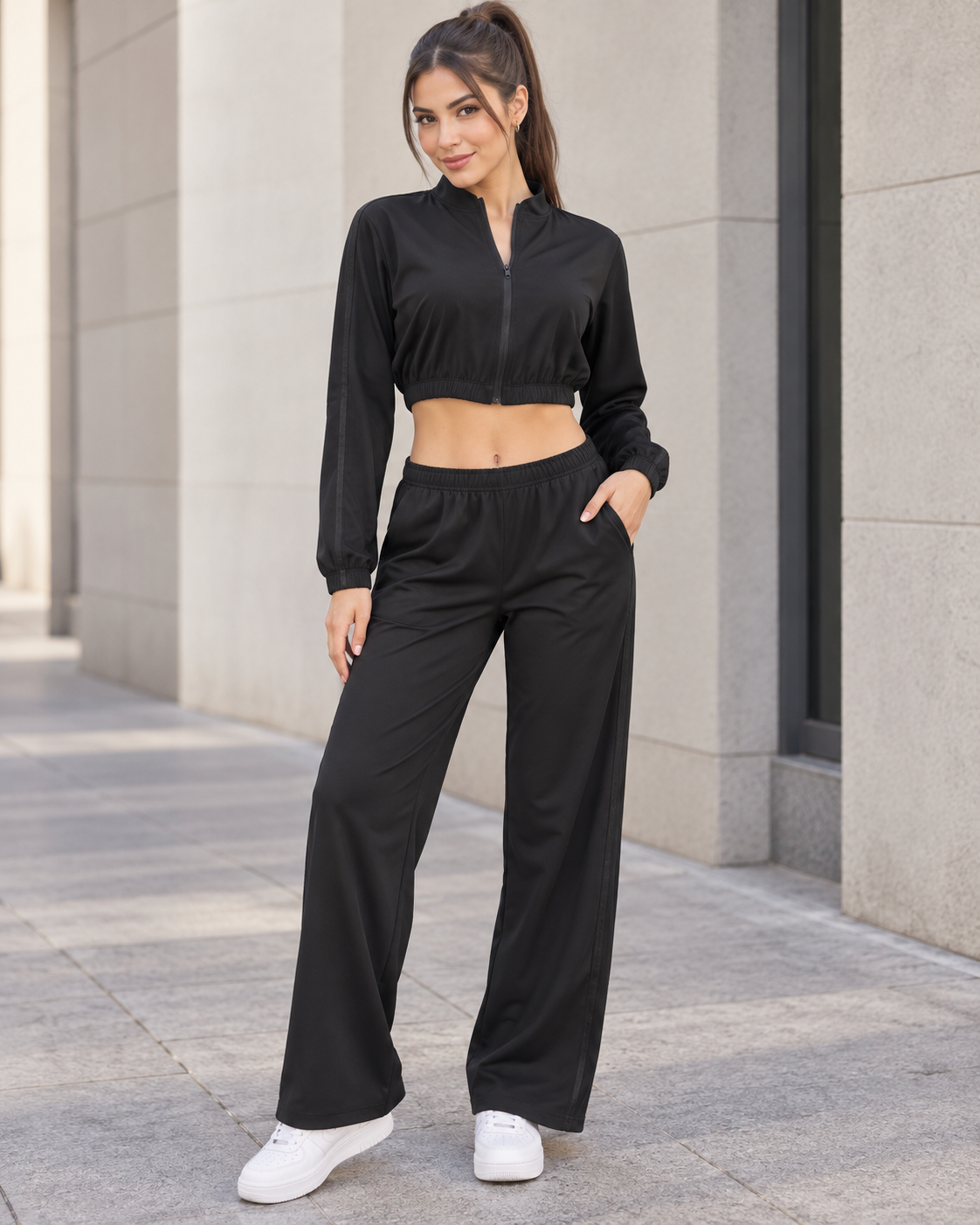 Conjunto Deportivo Mujer Palazzo con Bolsillos Chaqueta Crop-0