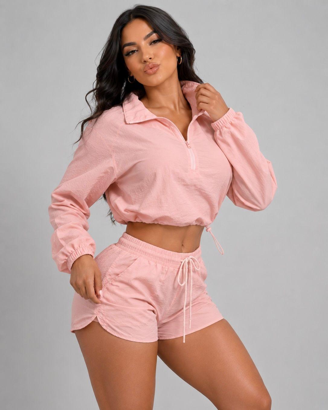 Conjunto Cortaviento Mujer Medio Cierre Chaqueta Crop Y Short-2