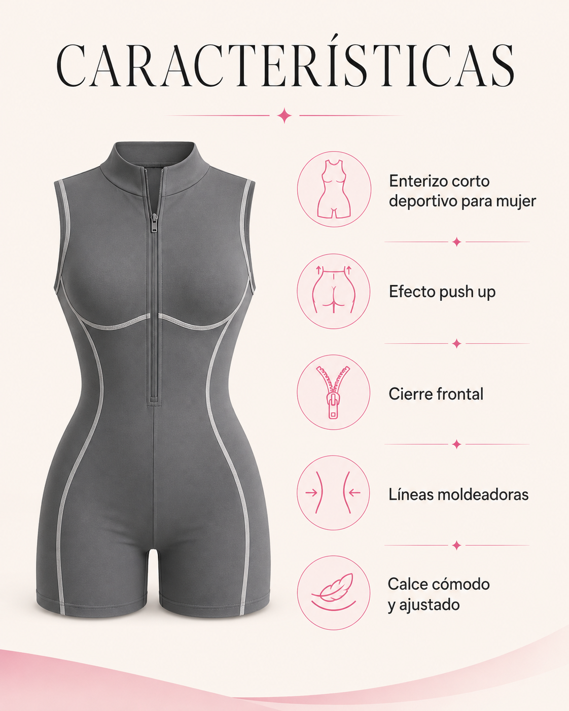 Enterizo Corto Deportivo Push Up Cierre Lineas Moldeadoras-4