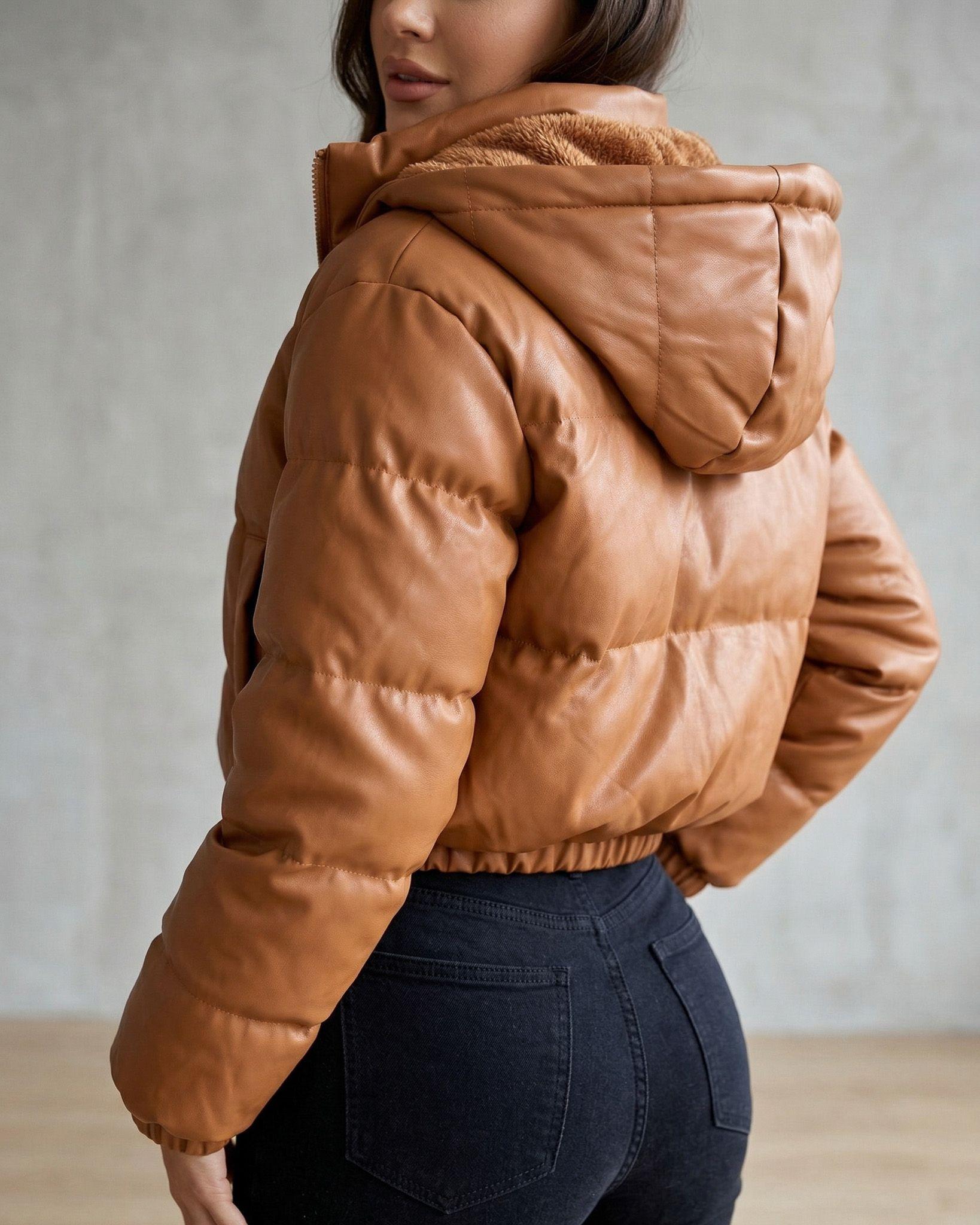 Puffa Ecocuero Camel: Estilo Crop, Urbana y Ultra Térmica-2