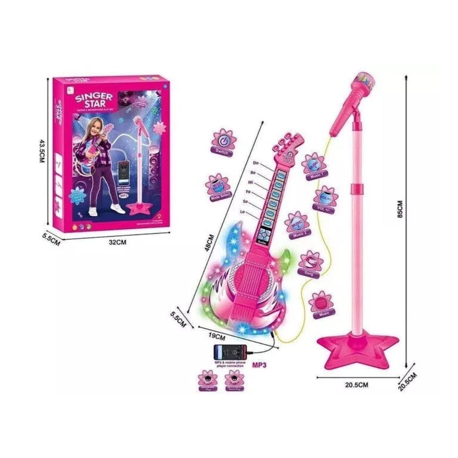 Juguete Guitarra Y Microfono Musical Karaoke Rosado Infantil-3