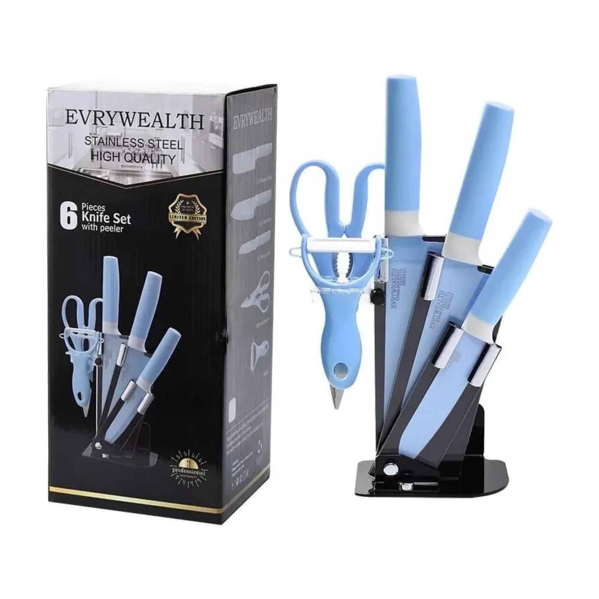 Set De 6 Piezas Inoxidables Cuchillos Tijeras Pelador Azul-4