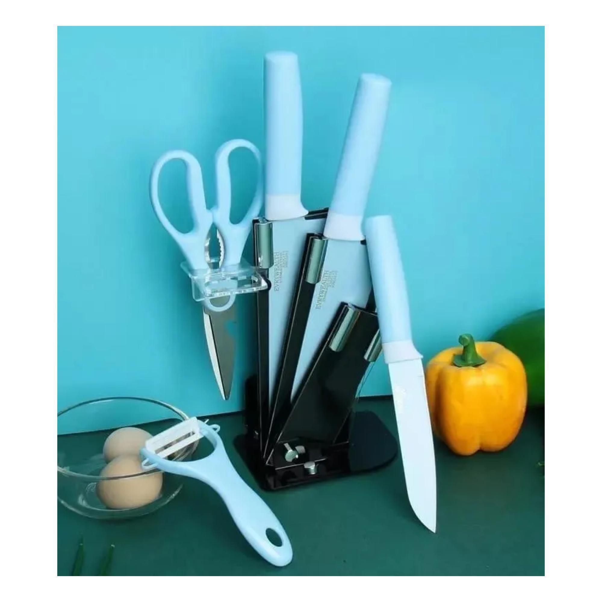 Set De 6 Piezas Inoxidables Cuchillos Tijeras Pelador Azul-2