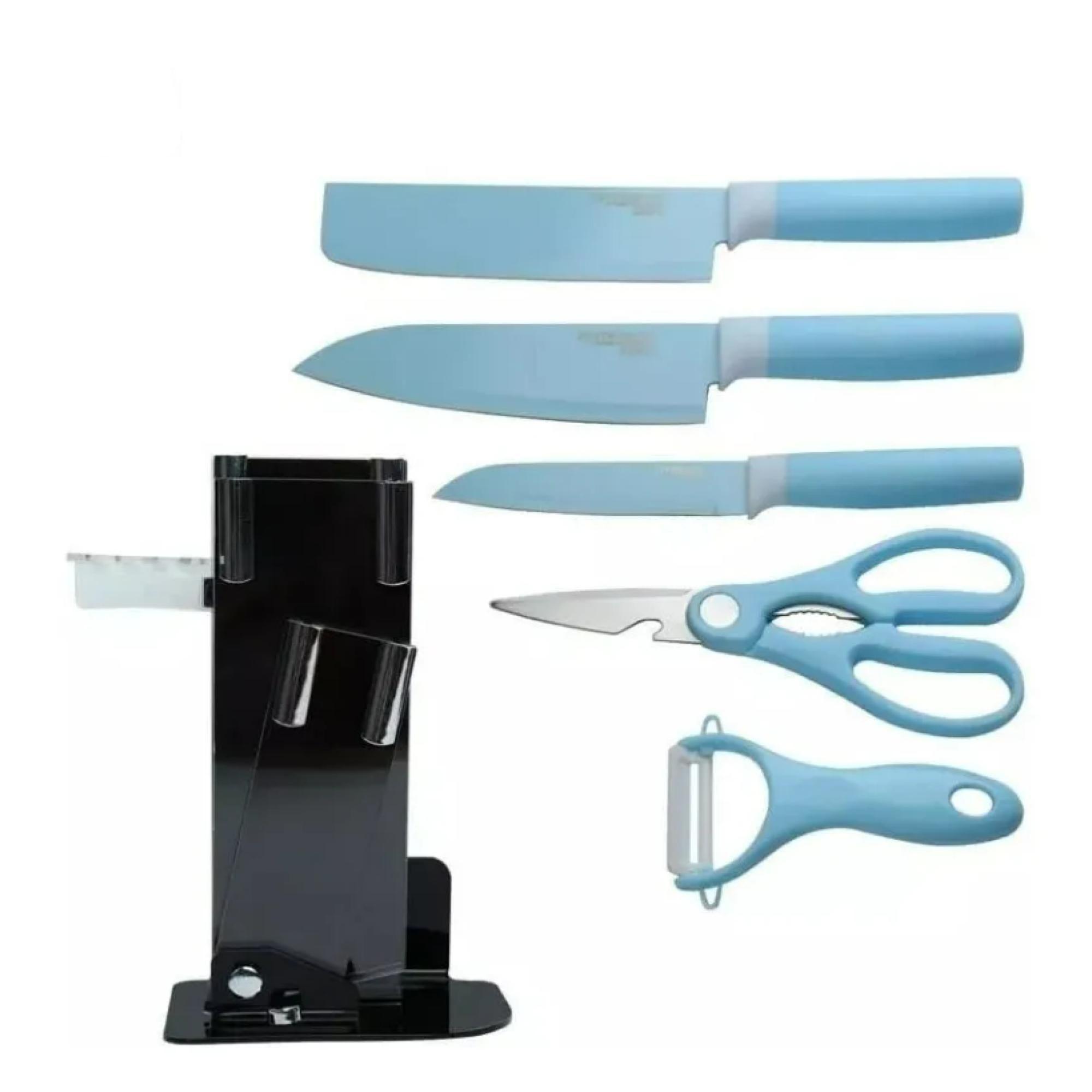 Set De 6 Piezas Inoxidables Cuchillos Tijeras Pelador Azul-3