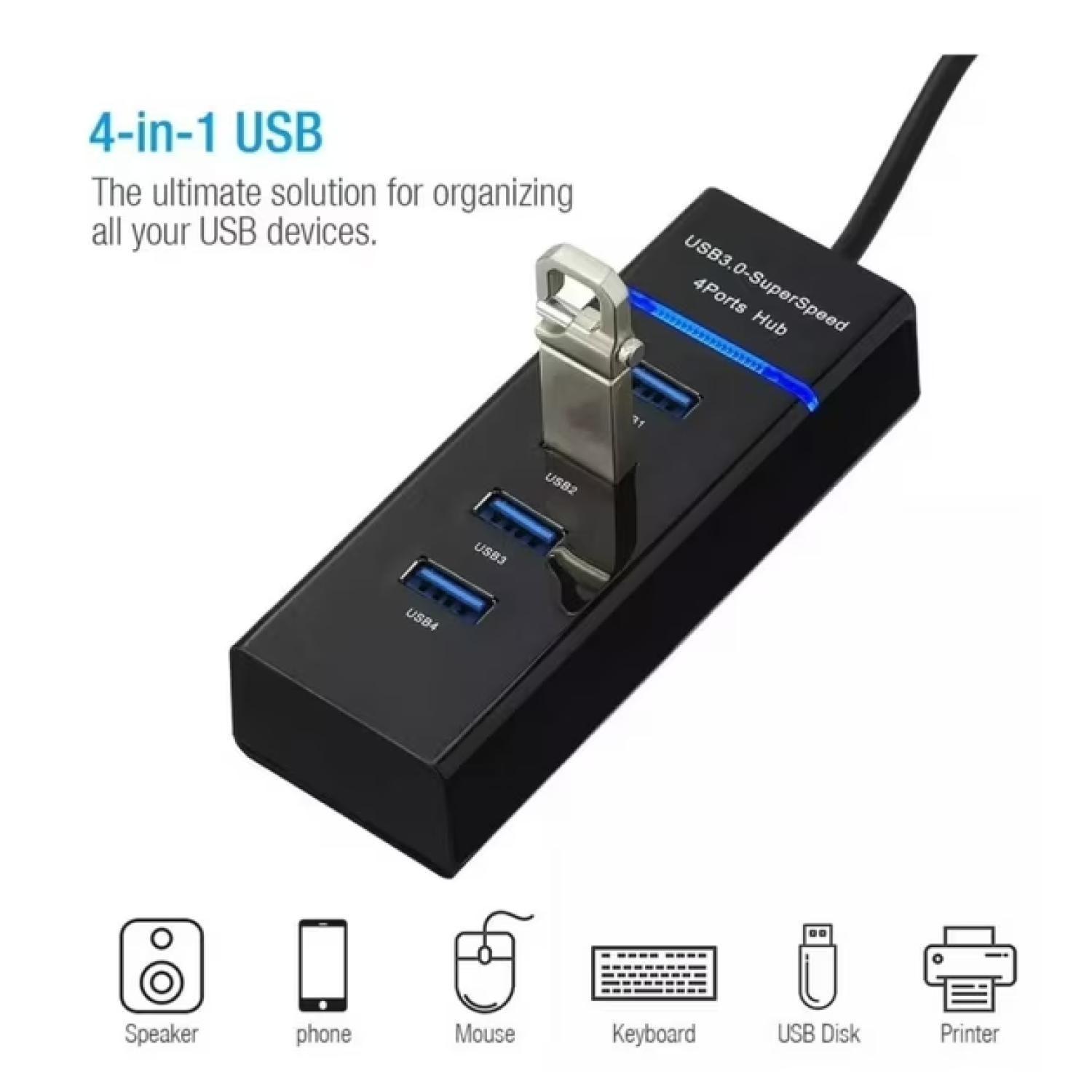 Adaptador HUB USB 3.0 4 Puertos Luz Indicadora Negro HB30N-2
