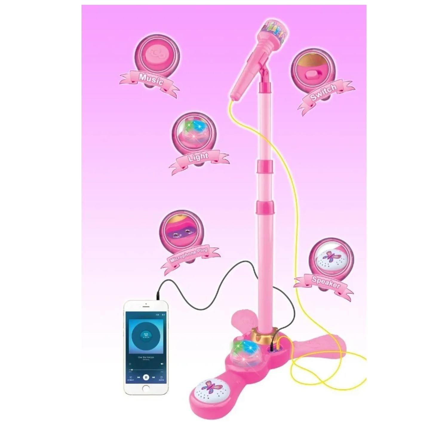 Juguete Microfono Karaoke Pedestal Luces MP3 Rosado Infantil-3