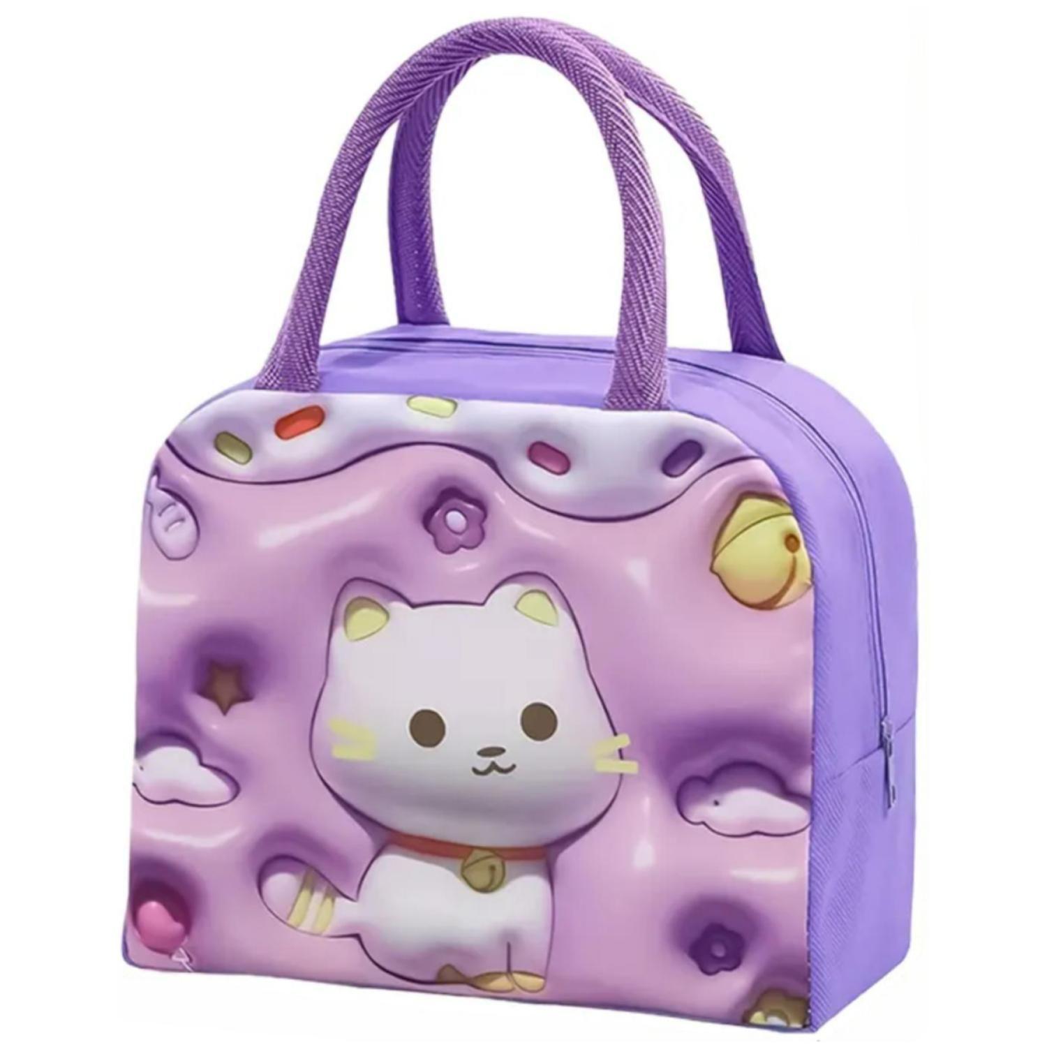 Lonchera Bolsa Termica 23x10x29cm Gato Morado Kawaii-0