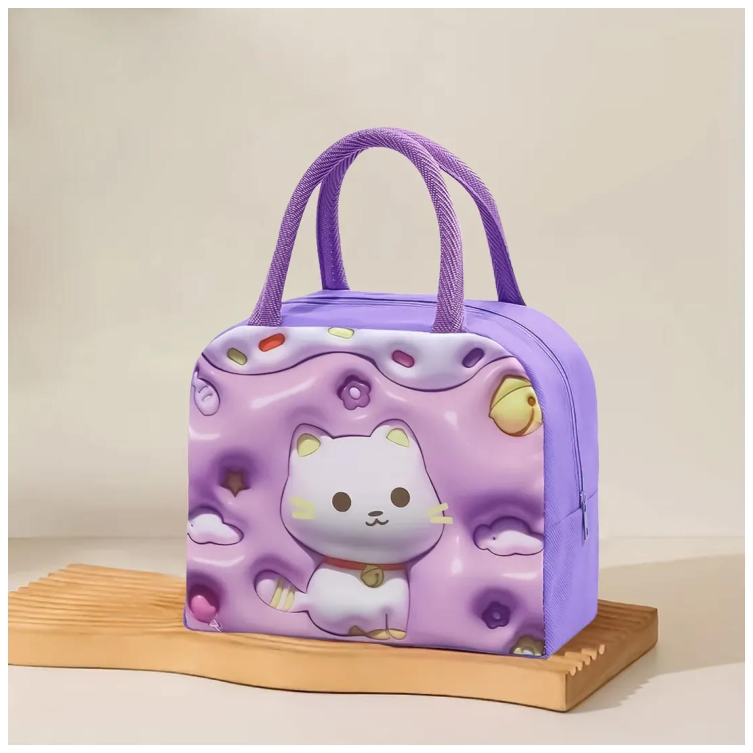 Lonchera Bolsa Termica 23x10x29cm Gato Morado Kawaii-2