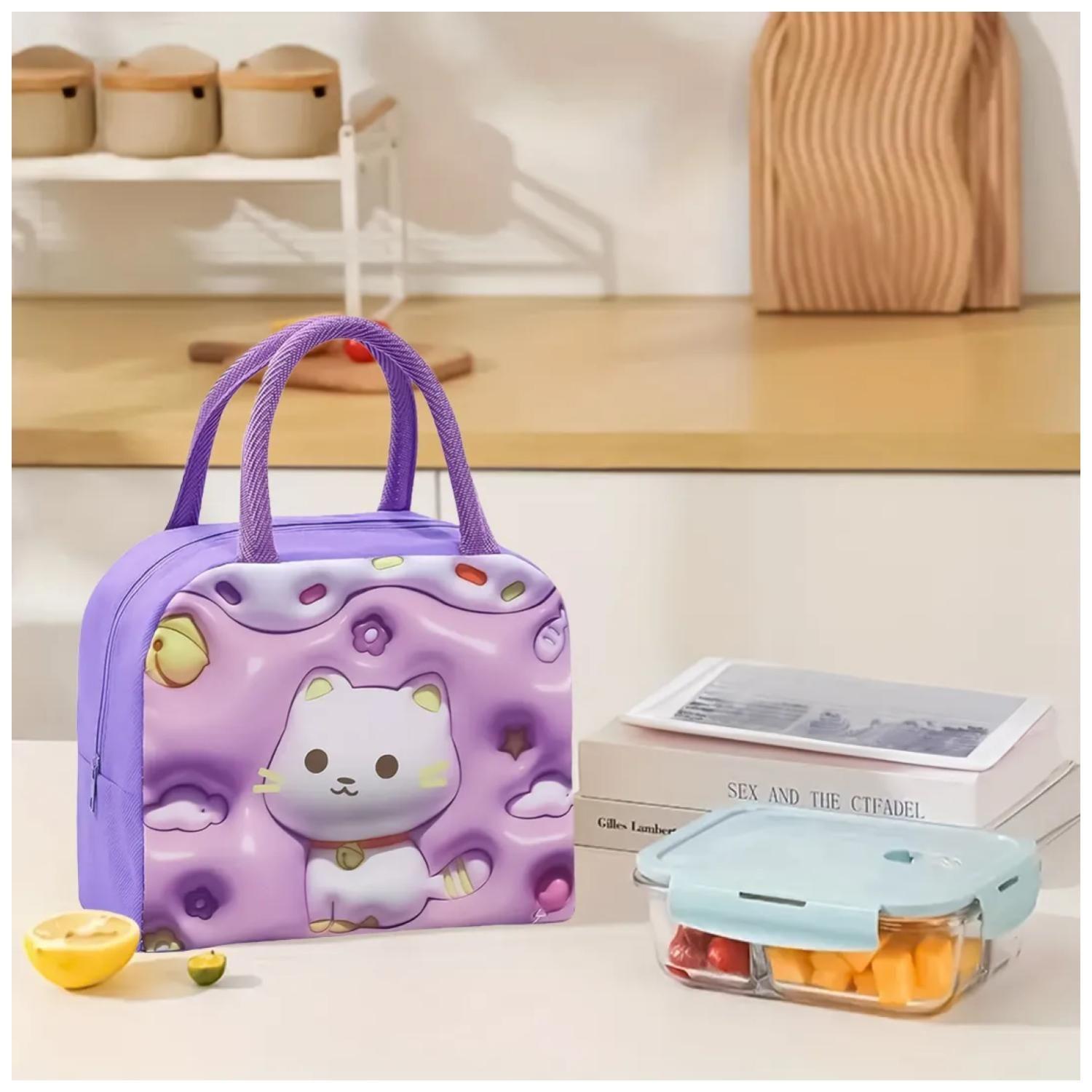 Lonchera Bolsa Termica 23x10x29cm Gato Morado Kawaii-4
