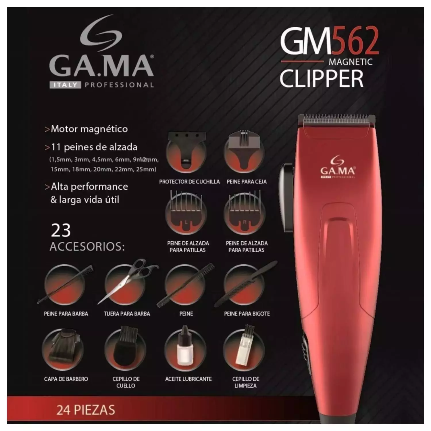 Maquina Corta Pelo Barba 24 Accesorios Rojo GM562 Gama-4