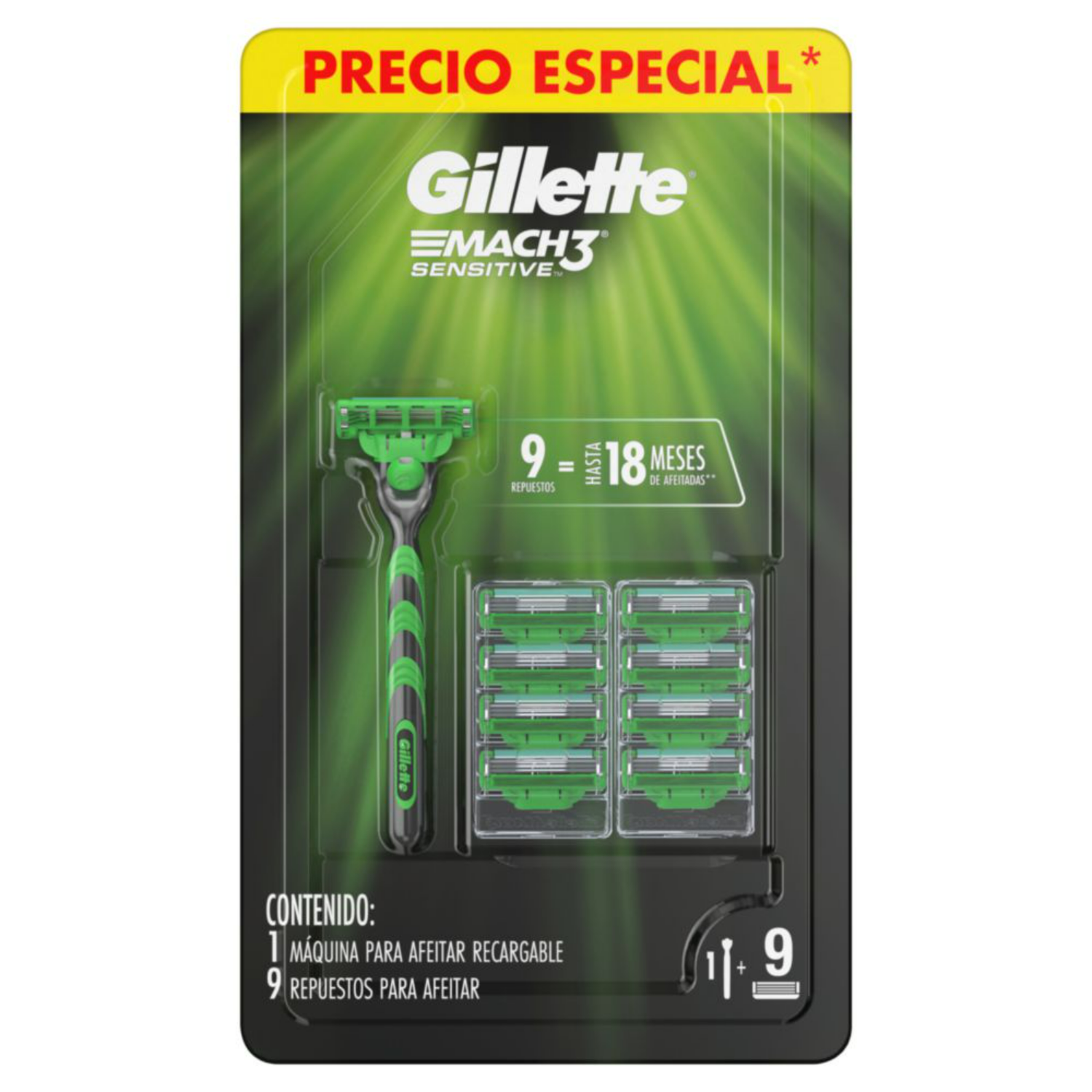 Máquina Afeitar  Gillette Mach3 Sensitive + 9 Repuestos-1