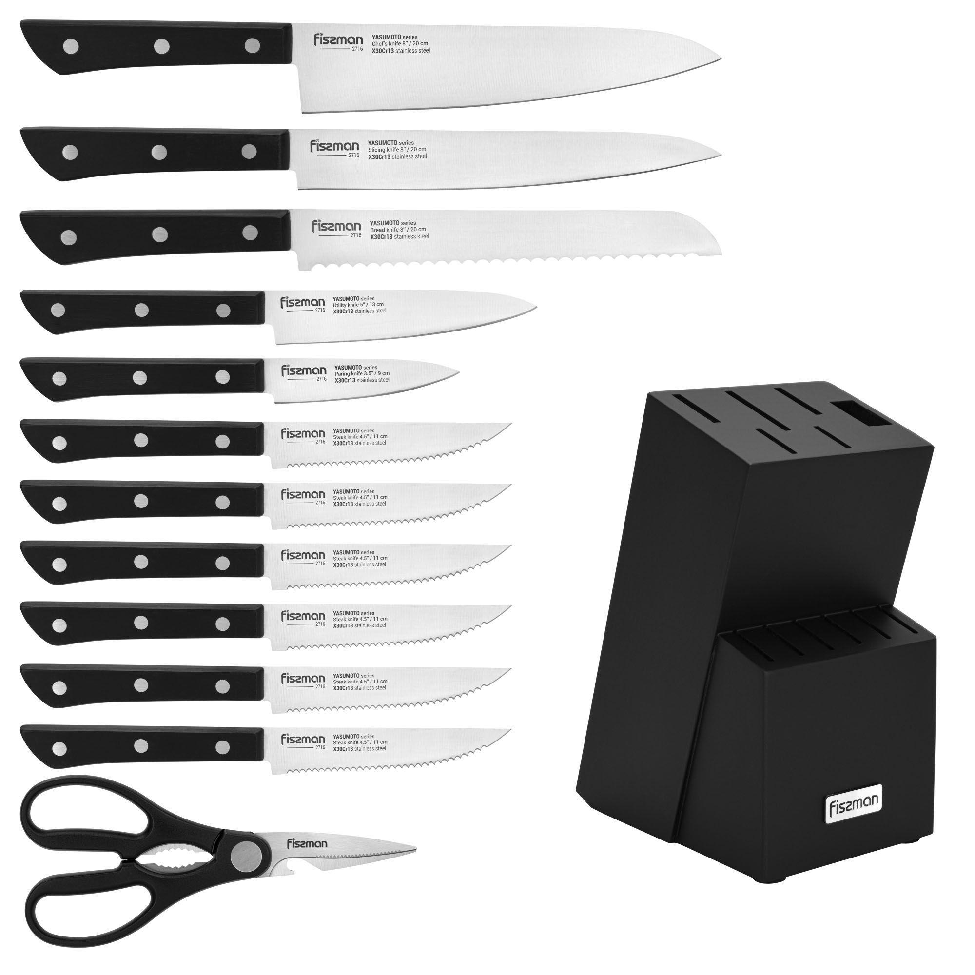 Set 11 Cuchillos Profesionales Yasumoto + Tijeras de Cocina y Base Madera Fissman-3