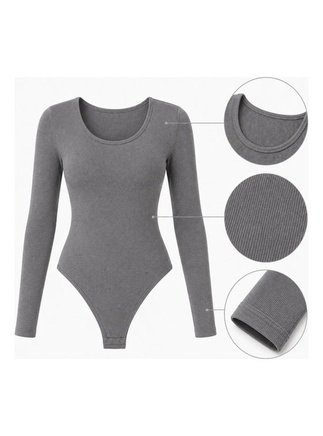 Body Modelador Mujer Manga Larga Acanalado Cuello Redondo-3
