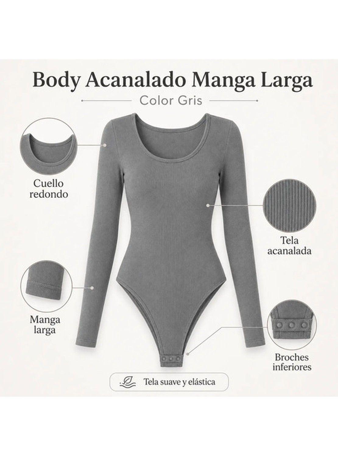 Body Modelador Mujer Manga Larga Acanalado Cuello Redondo-4