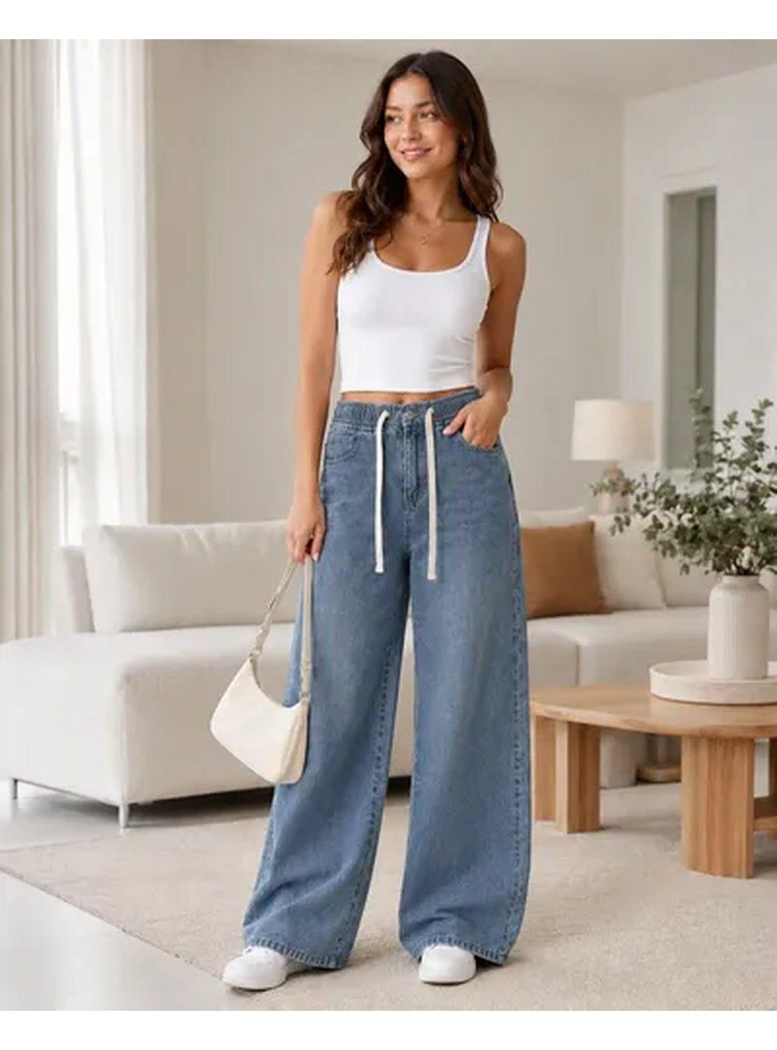 Jeans Mujer Pierna Ancha Cintura Elasticada Ajustable-1