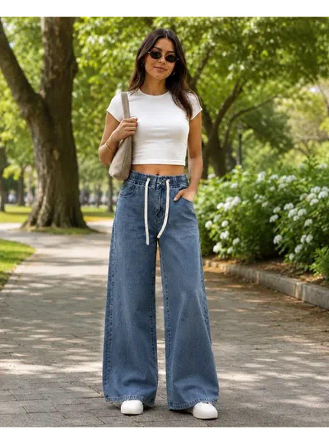 Jeans Mujer Pierna Ancha Cintura Elasticada Ajustable-5