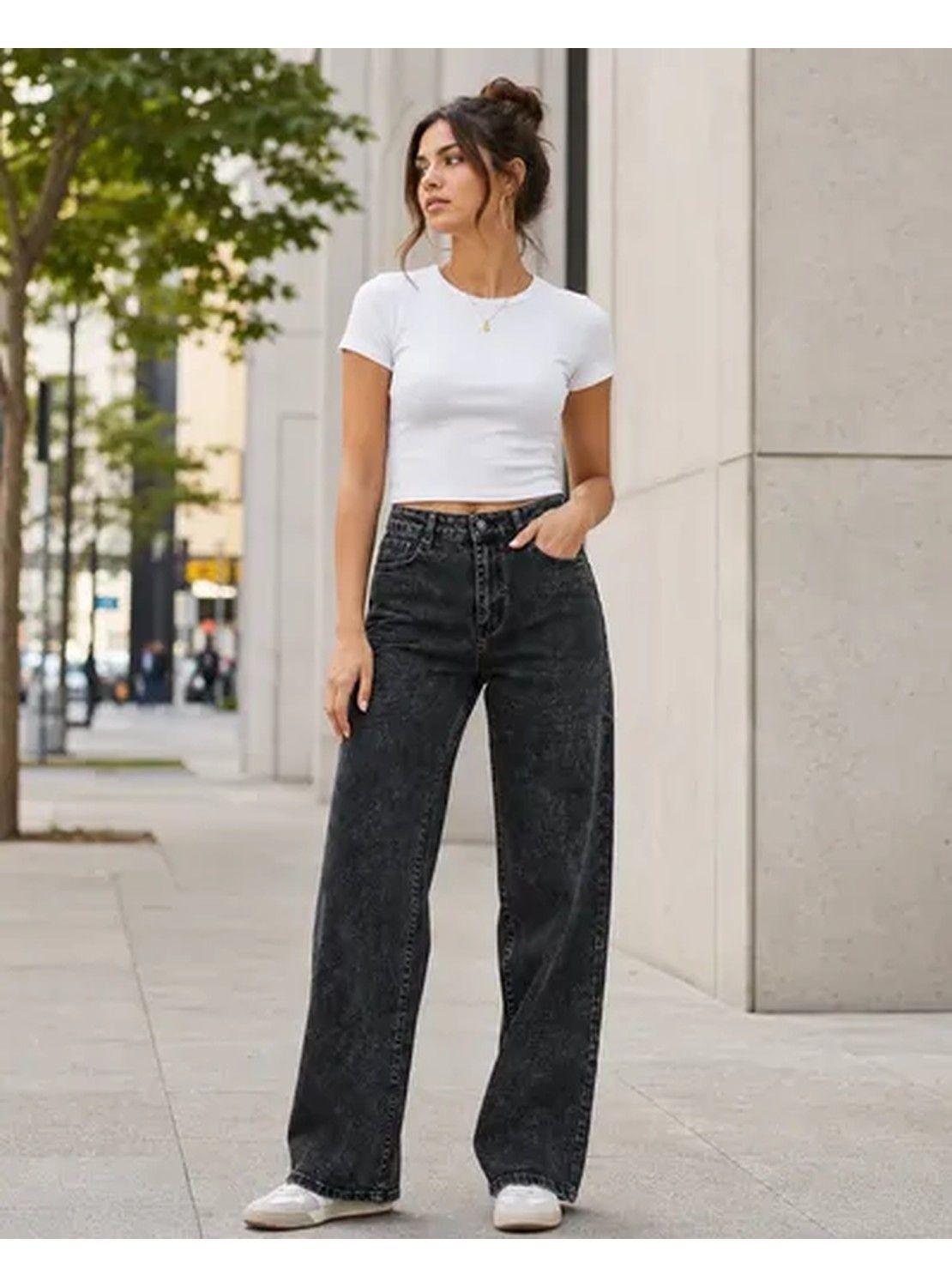 Jeans Pantalón Mujer Tiro Alto Pierna Ancha Lavado Negro-1