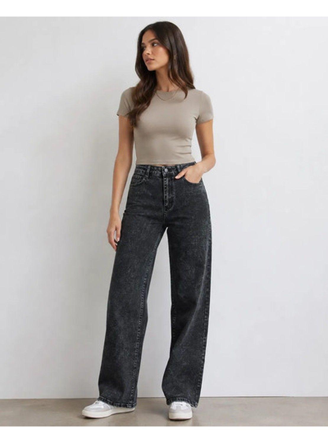 Jeans Pantalón Mujer Tiro Alto Pierna Ancha Lavado Negro-2