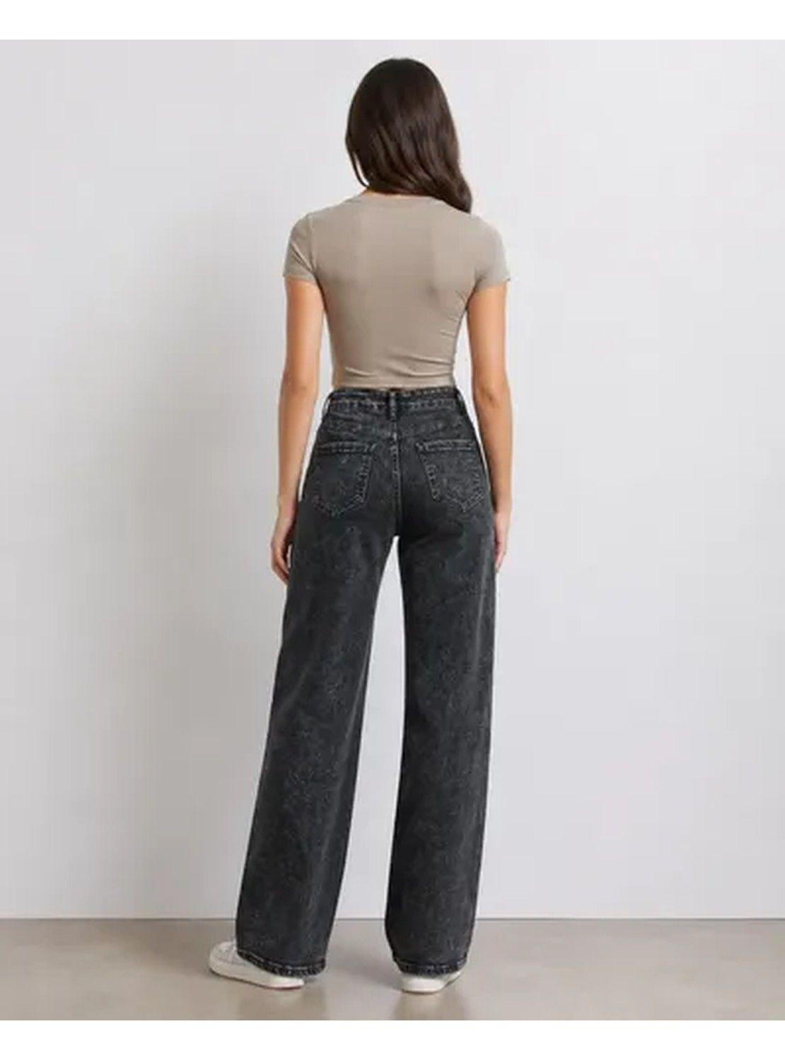 Jeans Pantalón Mujer Tiro Alto Pierna Ancha Lavado Negro-3