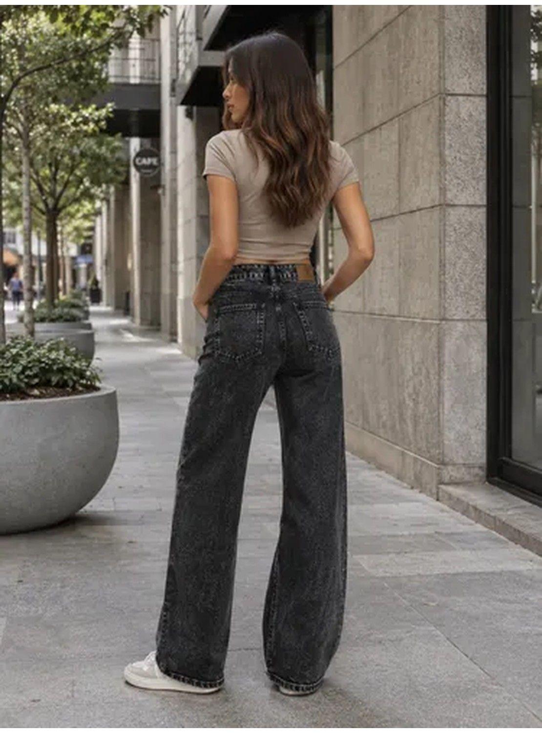 Jeans Pantalón Mujer Tiro Alto Pierna Ancha Lavado Negro-4