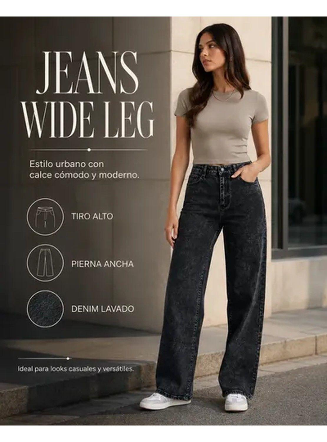 Jeans Pantalón Mujer Tiro Alto Pierna Ancha Lavado Negro-5