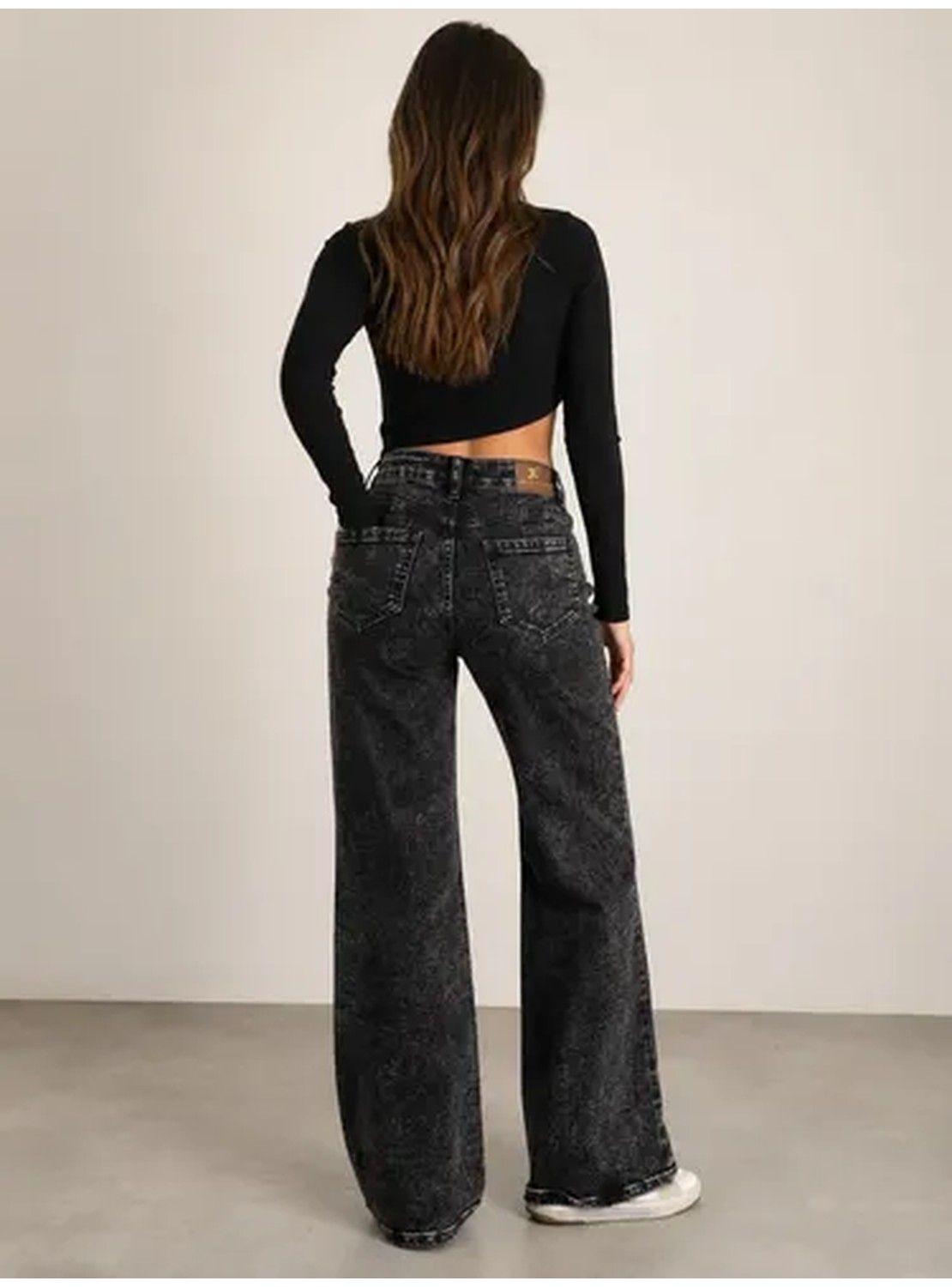 Jeans Pantalón Mujer Tiro Alto Pierna Ancha Lavado Negro-6