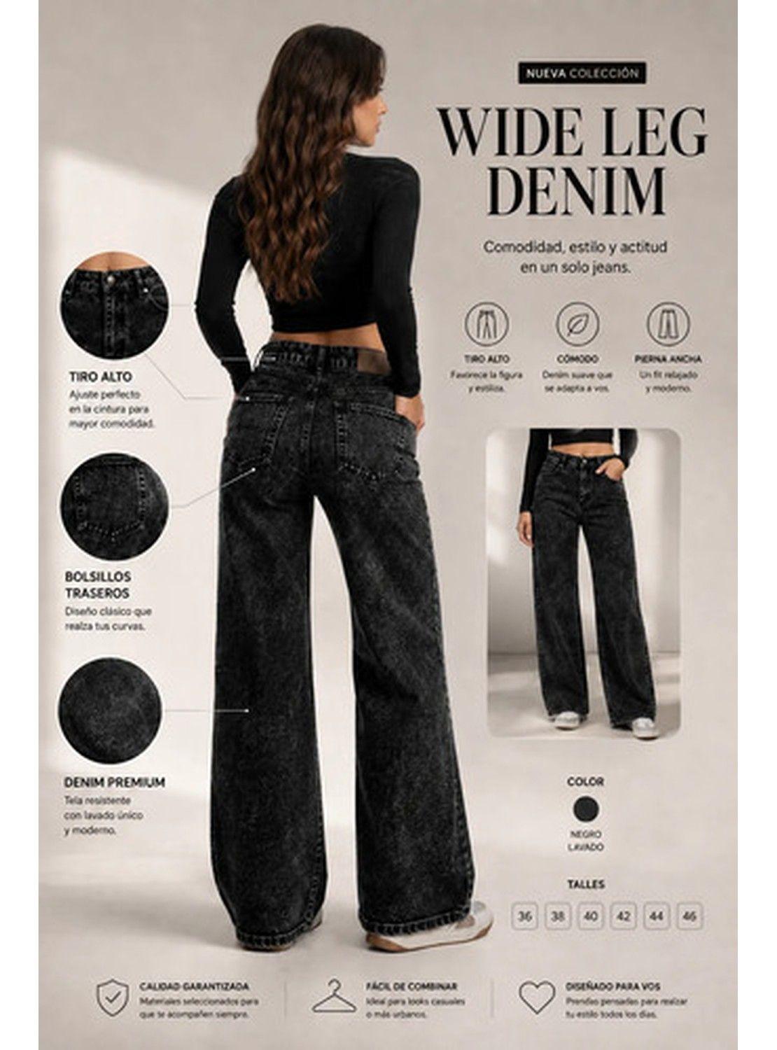 Jeans Pantalón Mujer Tiro Alto Pierna Ancha Lavado Negro-8