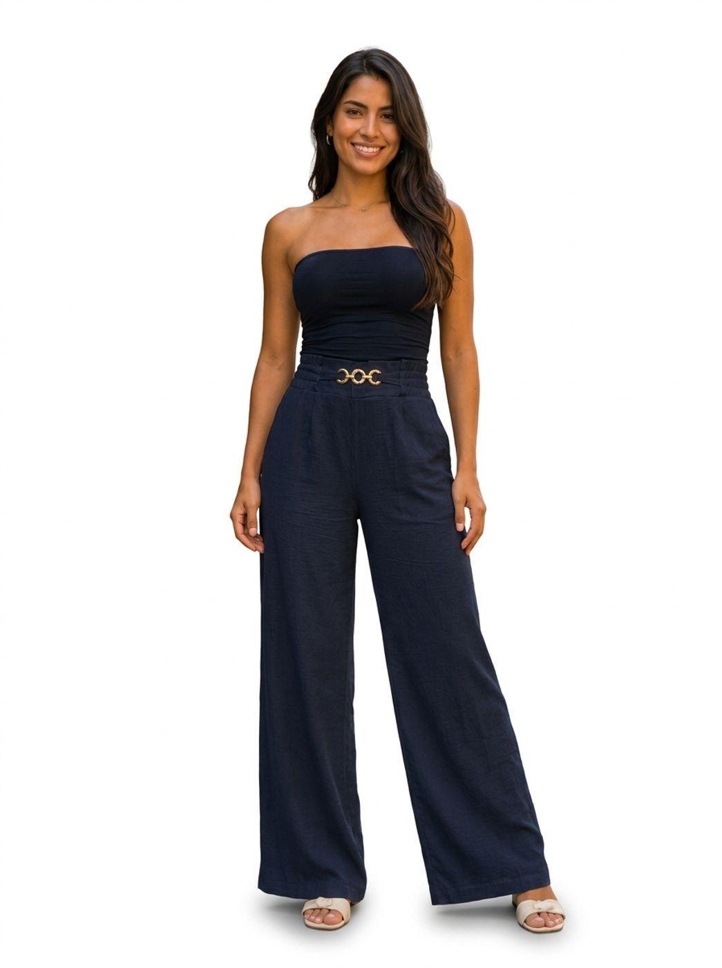 Pantalón Mujer Palazzo Tiro Alto Cintura Elasticada Negro-0