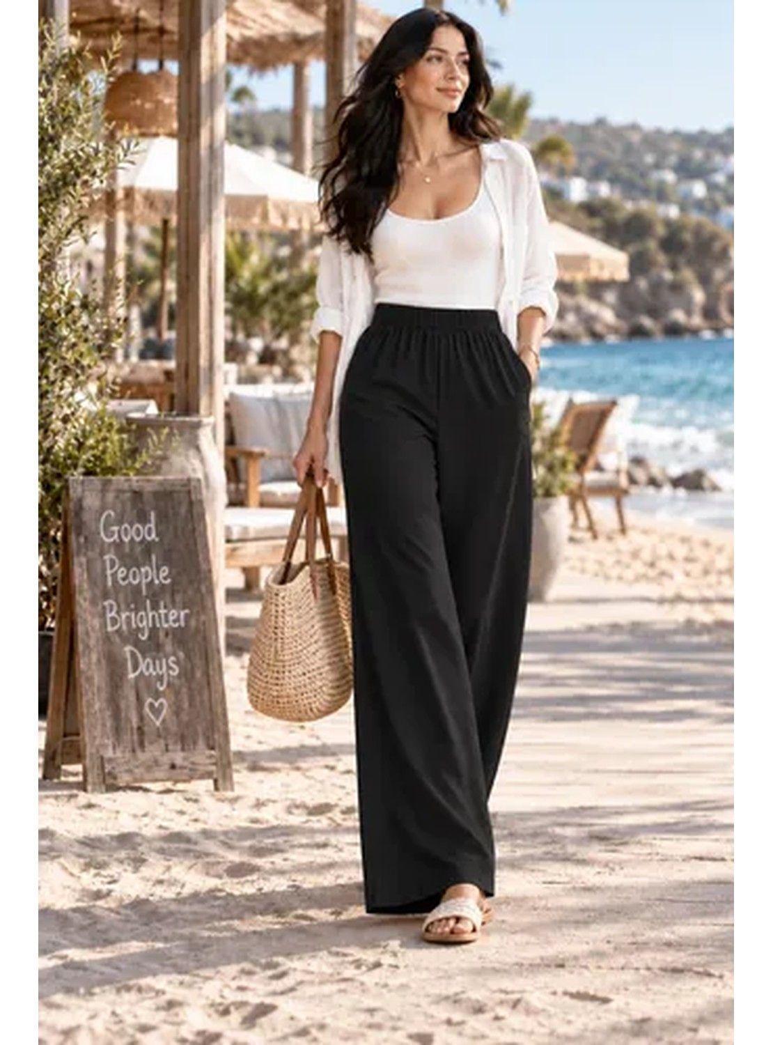 Pantalón Palazzo Mujer Algodón Cintura Elasticada Con Lazo-2