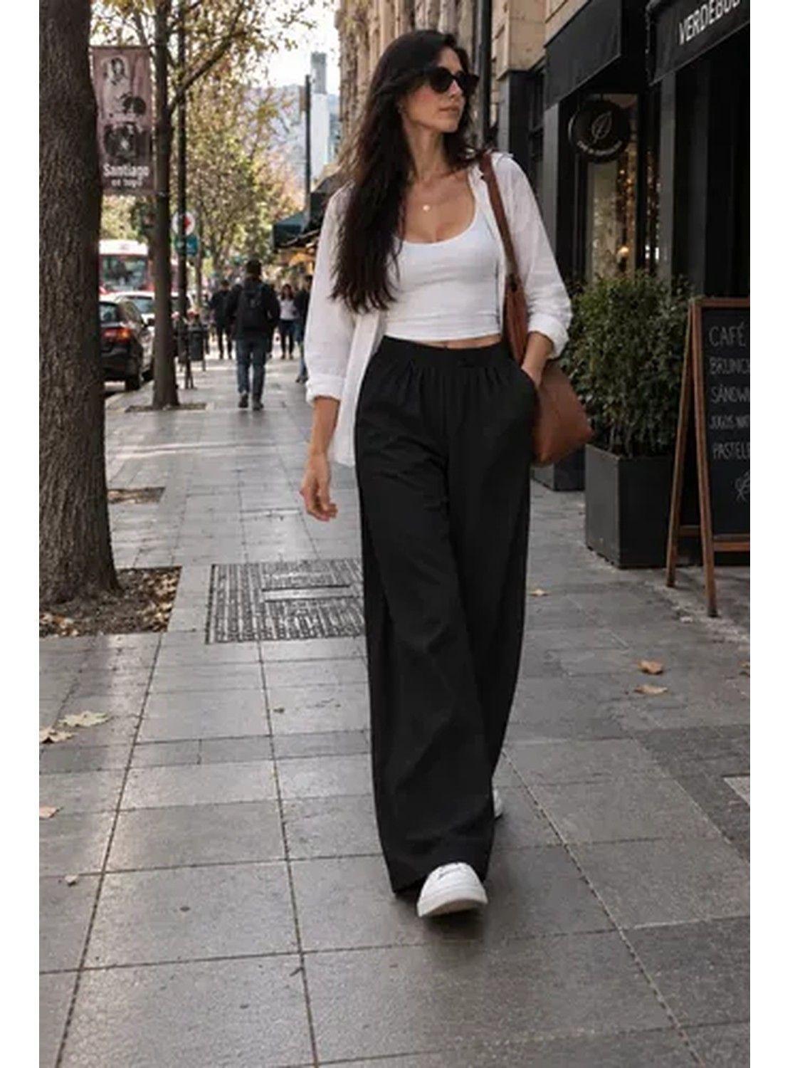 Pantalón Palazzo Mujer Algodón Cintura Elasticada Con Lazo-4