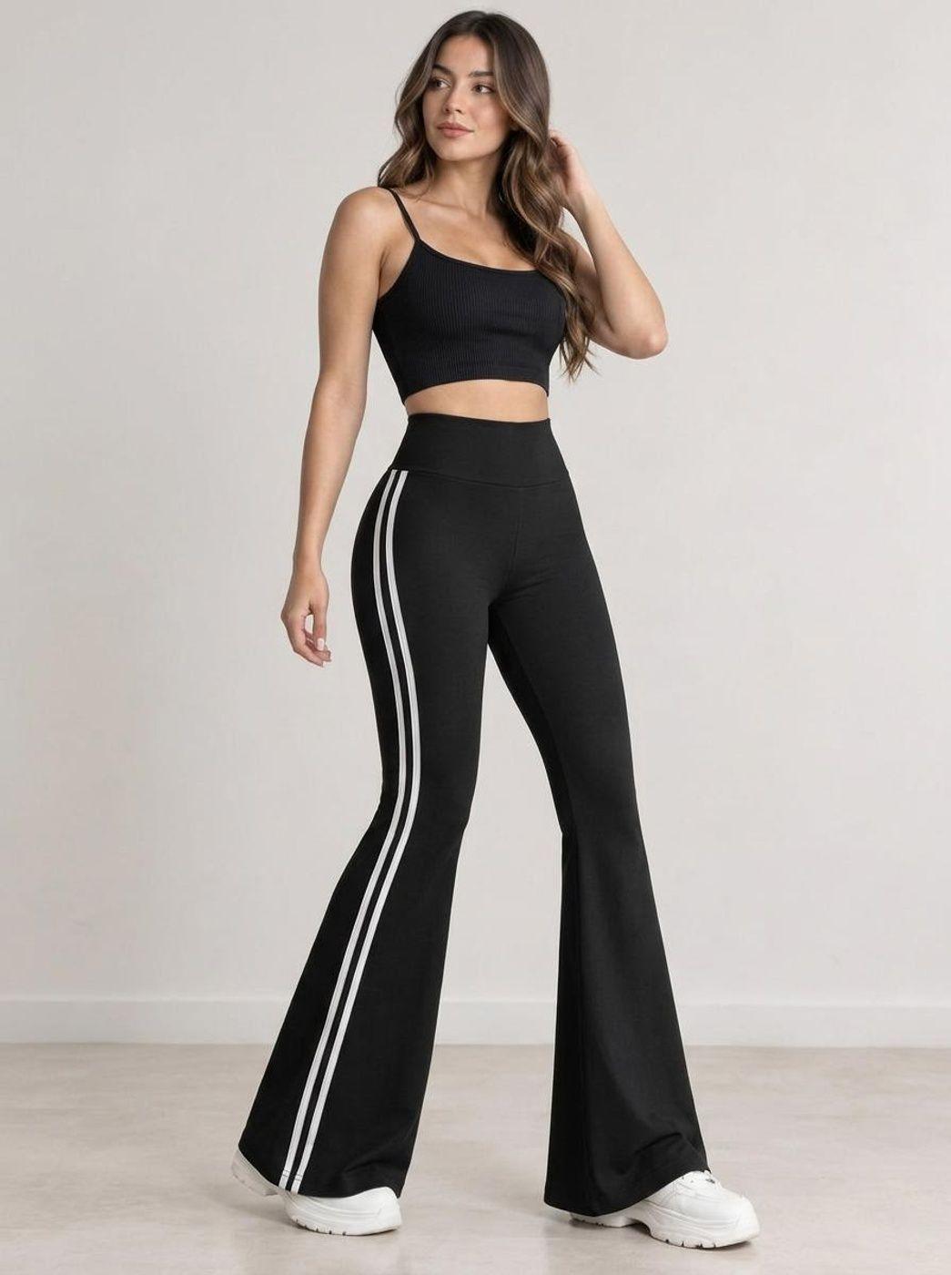 Pantalón Mujer Flare Negro Franjas Laterales Tiro Alto-0