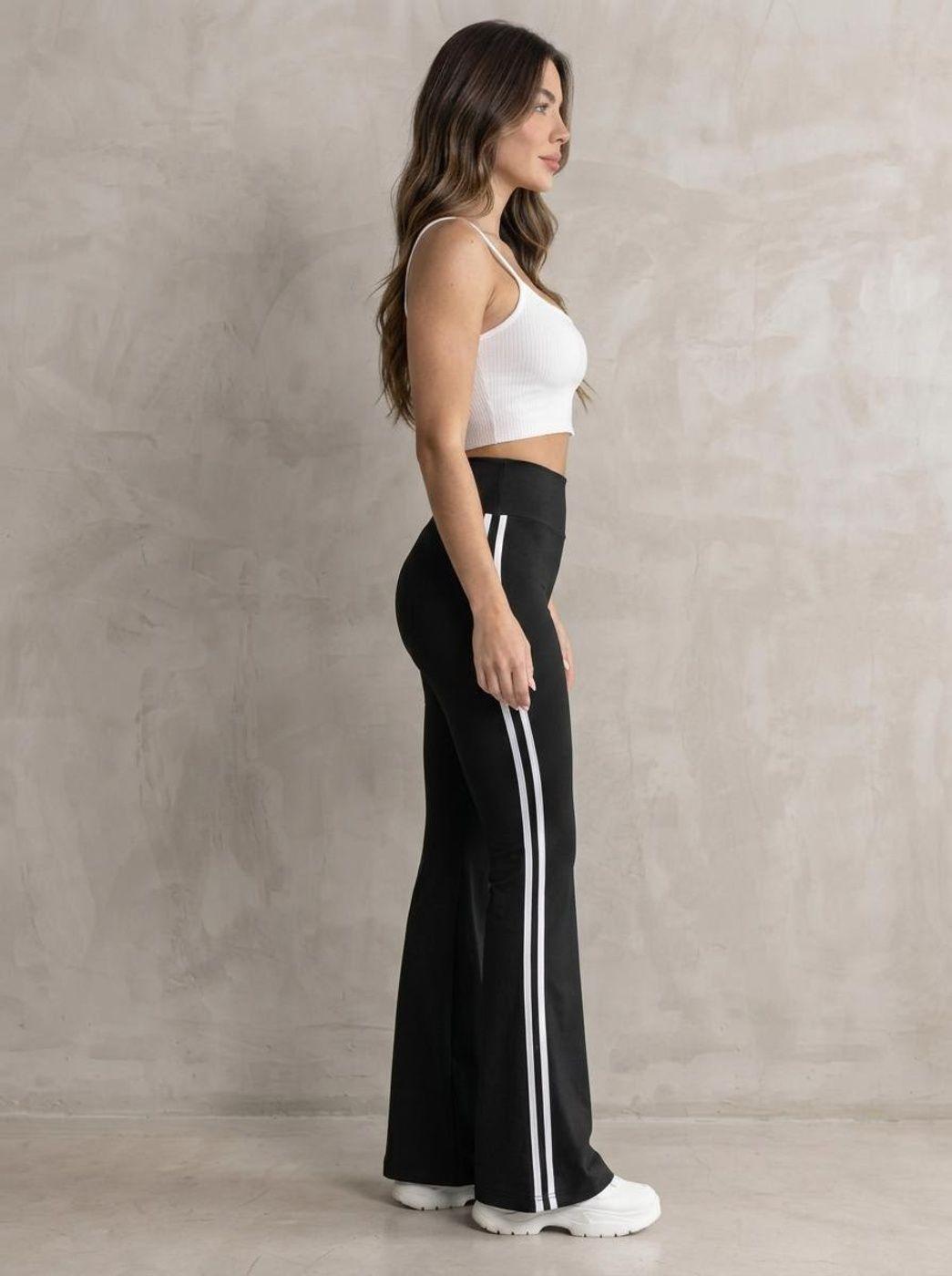 Pantalón Mujer Flare Negro Franjas Laterales Tiro Alto-1
