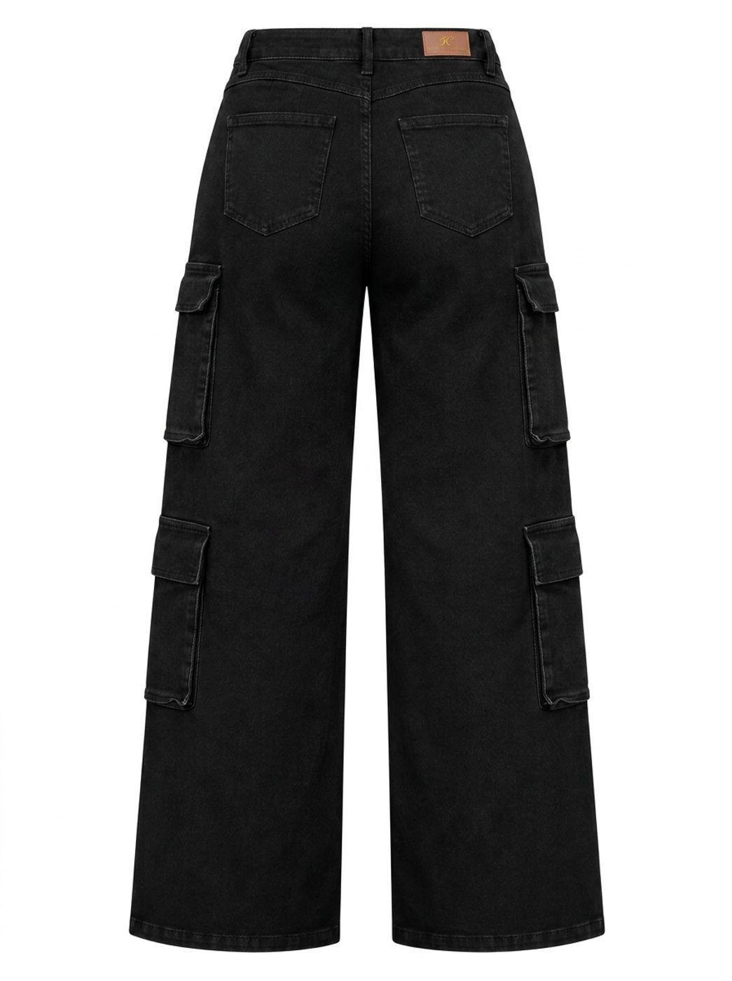 Pantalón Cargo Niña Pierna Ancha Bolsillos Laterales Negro-4