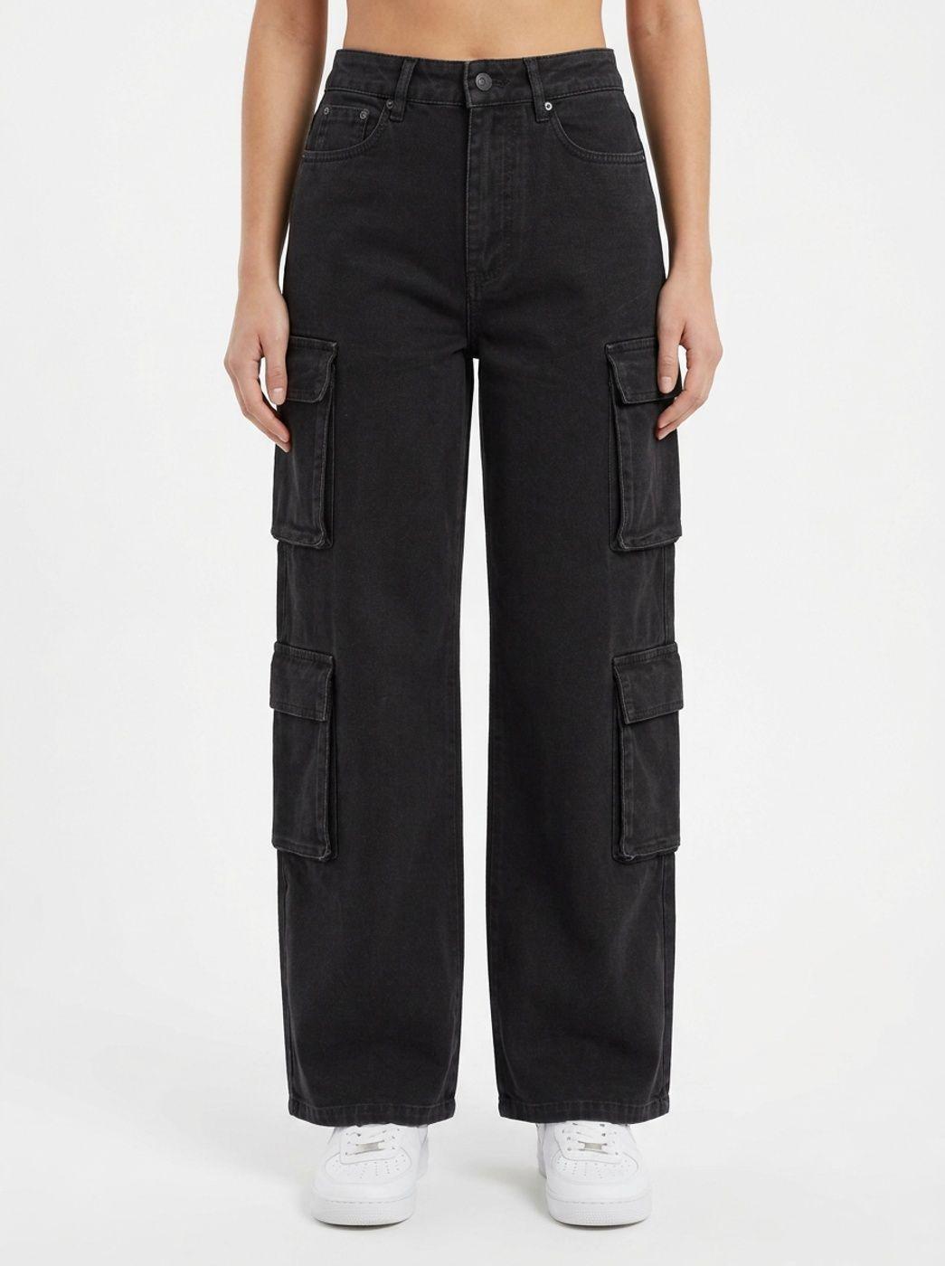Pantalón Cargo Niña Pierna Ancha Bolsillos Laterales Negro-0