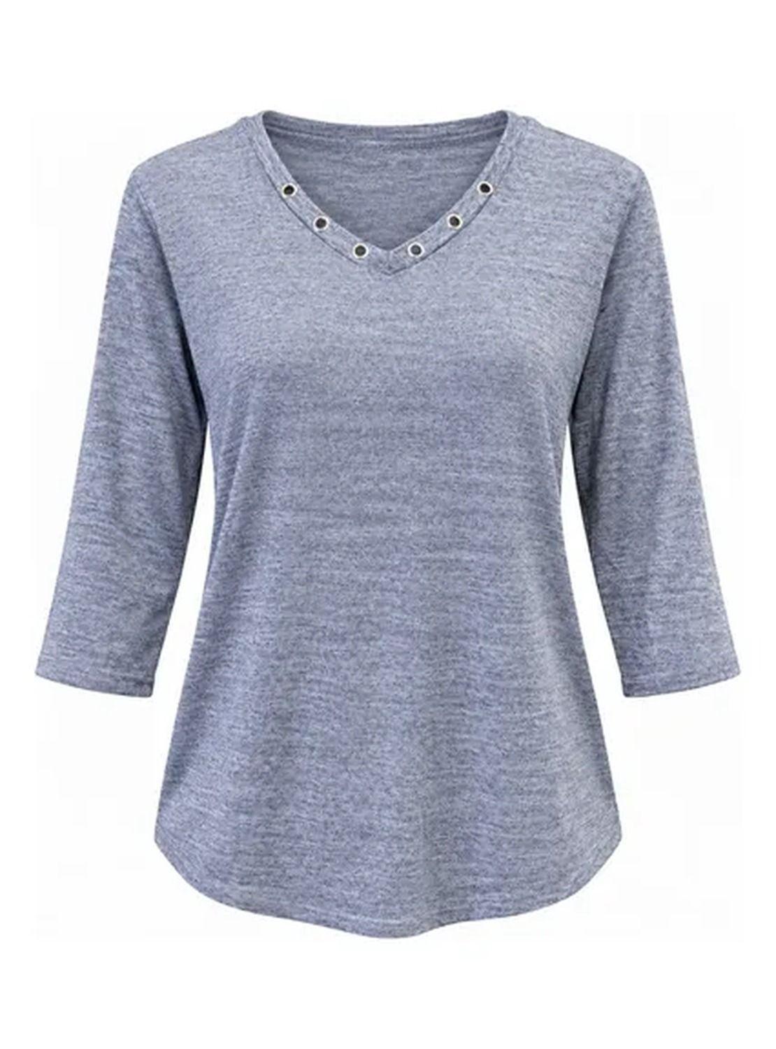 Polera Mujer Manga 3/4 Escote V Con Detalles Metálicos-1