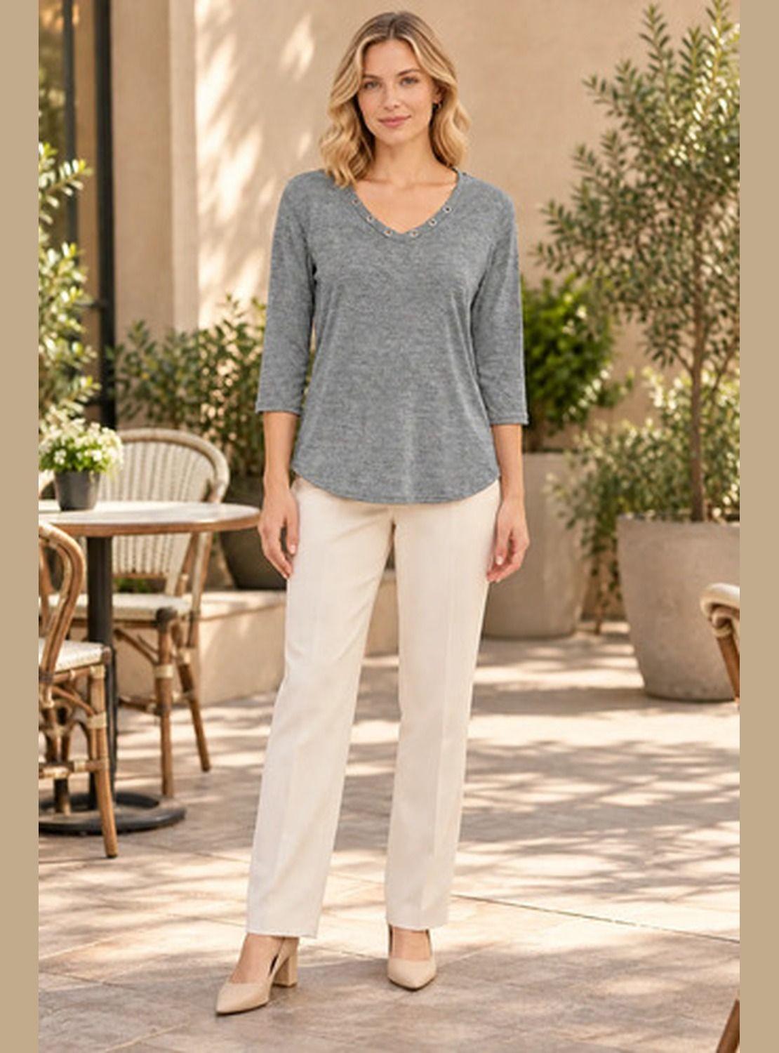 Polera NAZ Mujer Manga 3/4 Escote V Con Detalles Metálicos-0