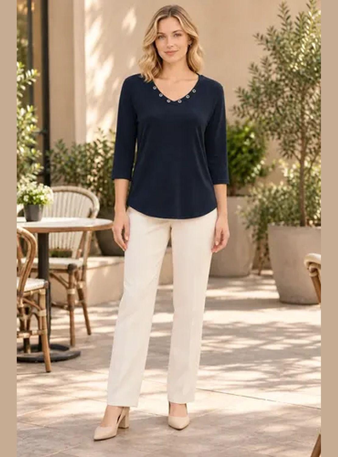 Polera Mujer Manga 3/4 Escote V Con Detalles Metálicos-0