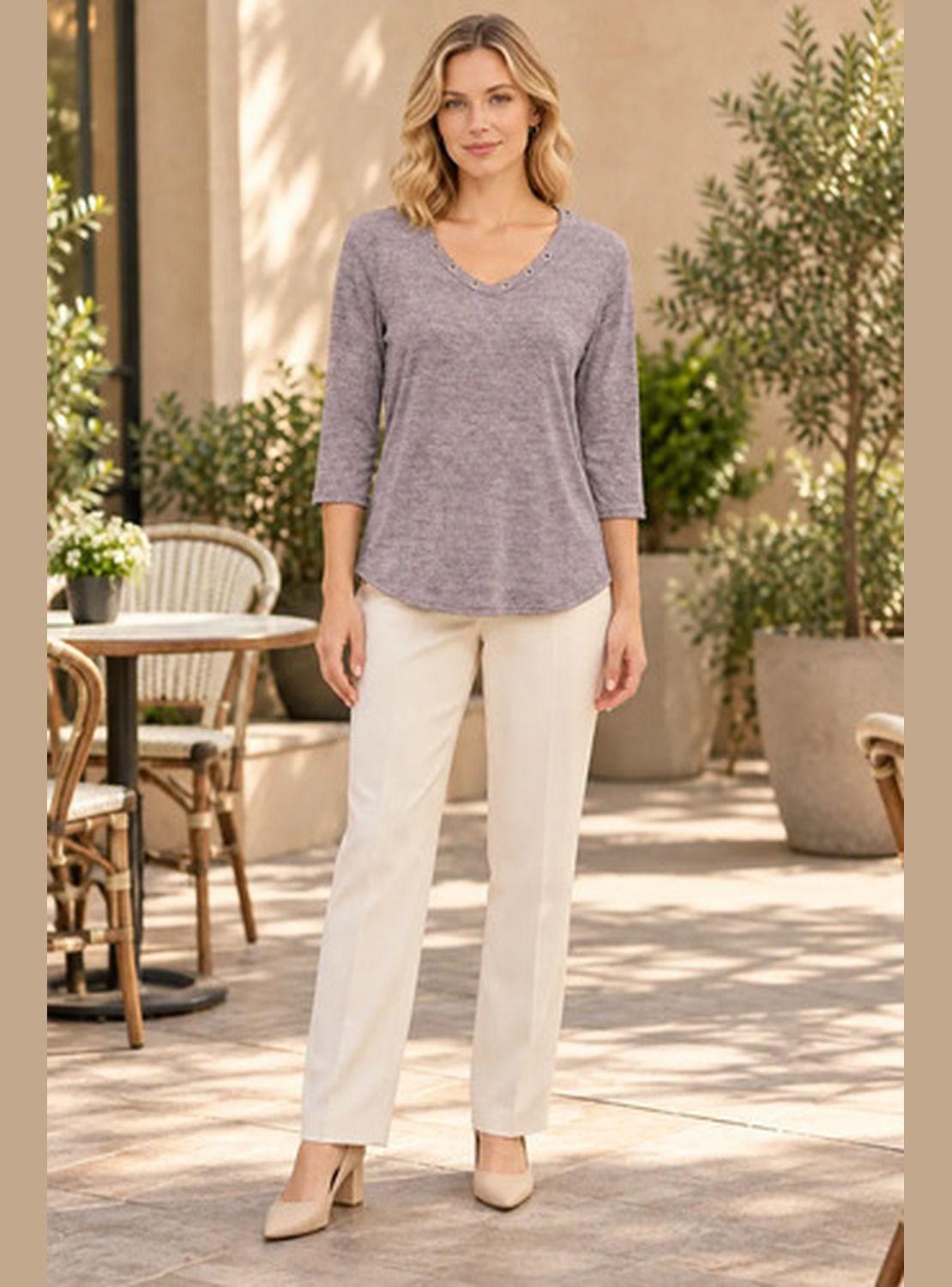 Polera NAZ Mujer Manga 3/4 Escote V Con Detalles Metálicos-0