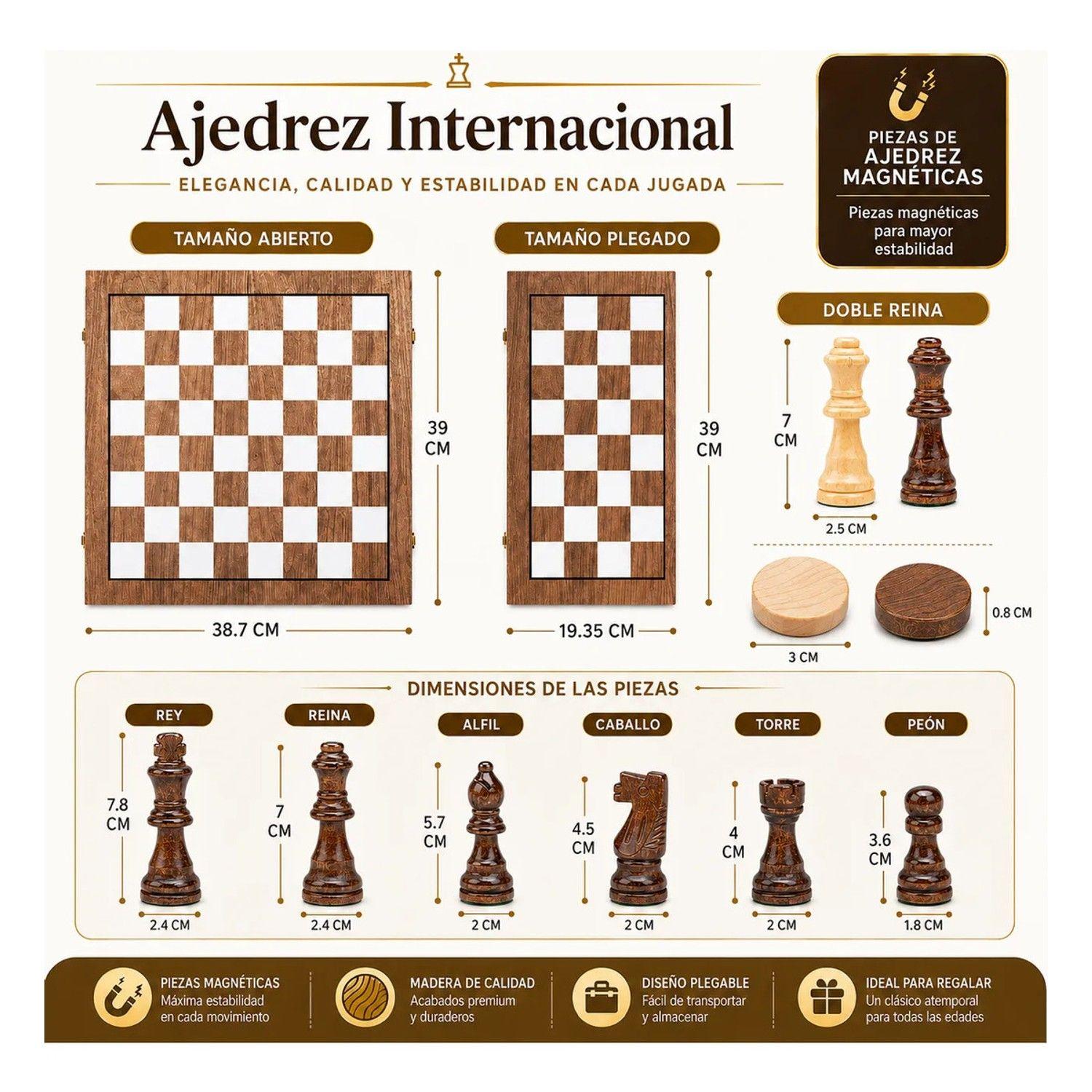 Juego De Ajedrez Profesional Grande De Madera Nogal 2 En 1-3