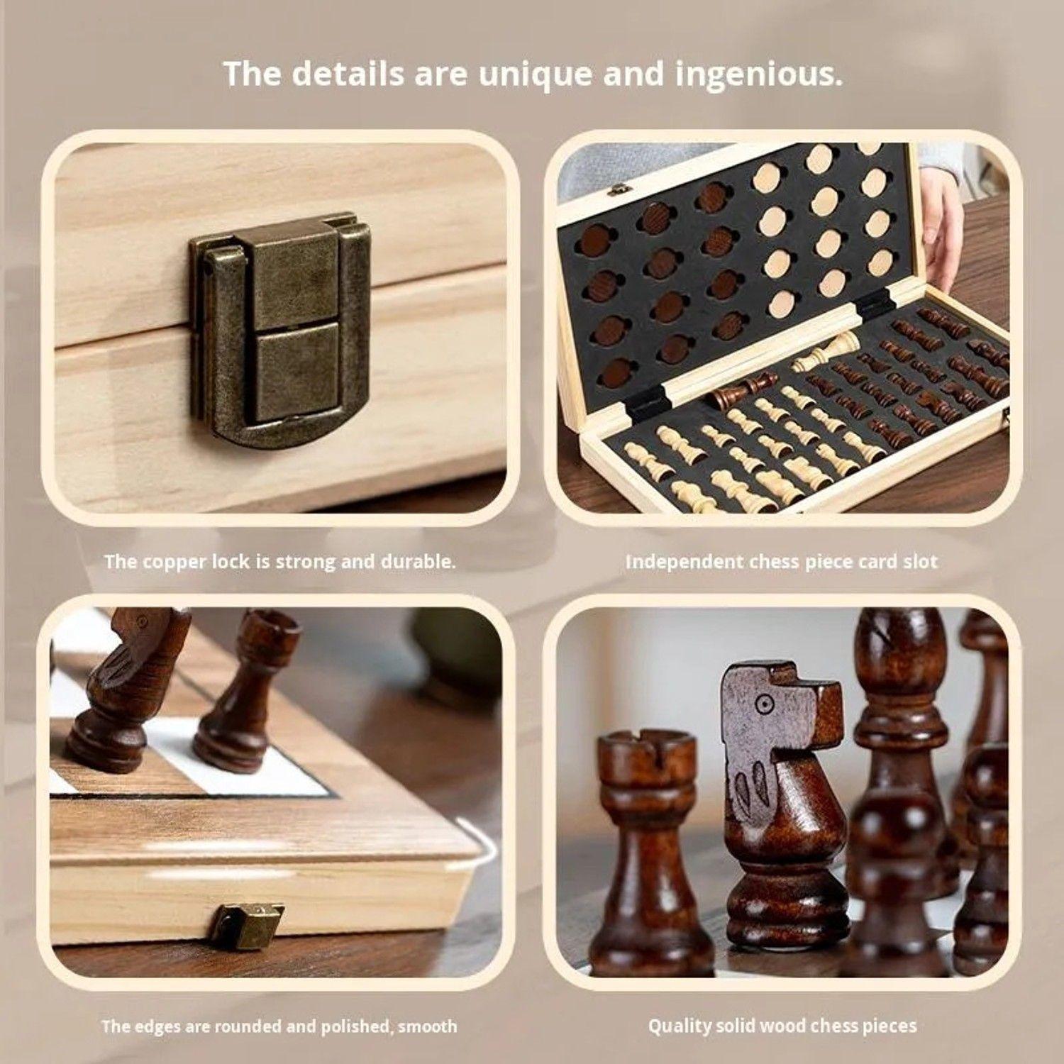 Juego De Ajedrez Profesional Grande De Madera Nogal 2 En 1-6